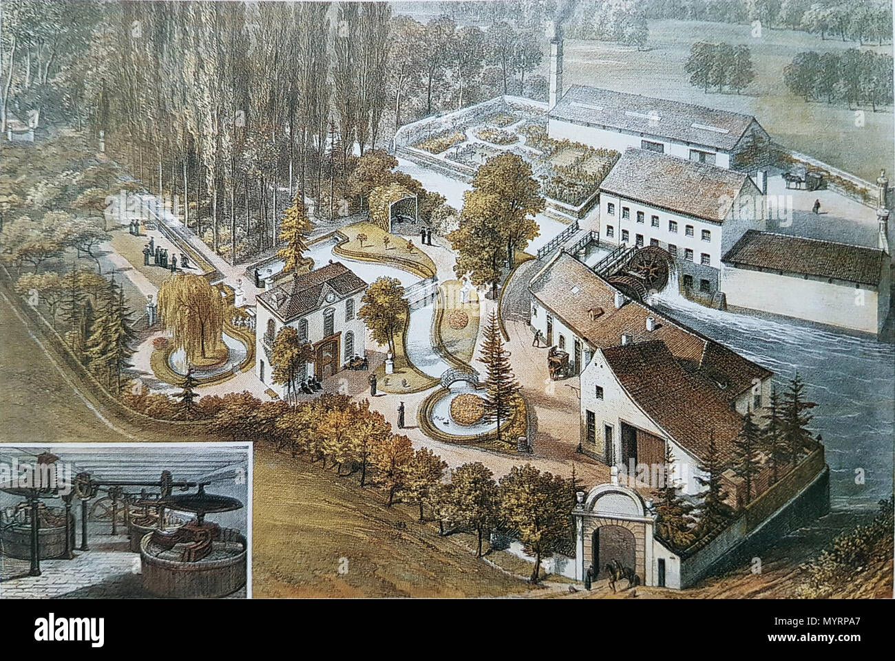 . Inglese: Bird view Villa di canne e di due mulini sul fiume Jeker vicino a Maastricht, Paesi Bassi. La stampa è stata realizzata da un artista sconosciuto per un album che Petrus Regout - proprietario di Villa Canne - aveva messo insieme nel 1865 per la famiglia e gli amici. . 16 luglio 2016, 10:35:52. Artista sconosciuto, 1865 25 Villa Canne &AMP; omgeving (album P Regout, 1865) Foto Stock