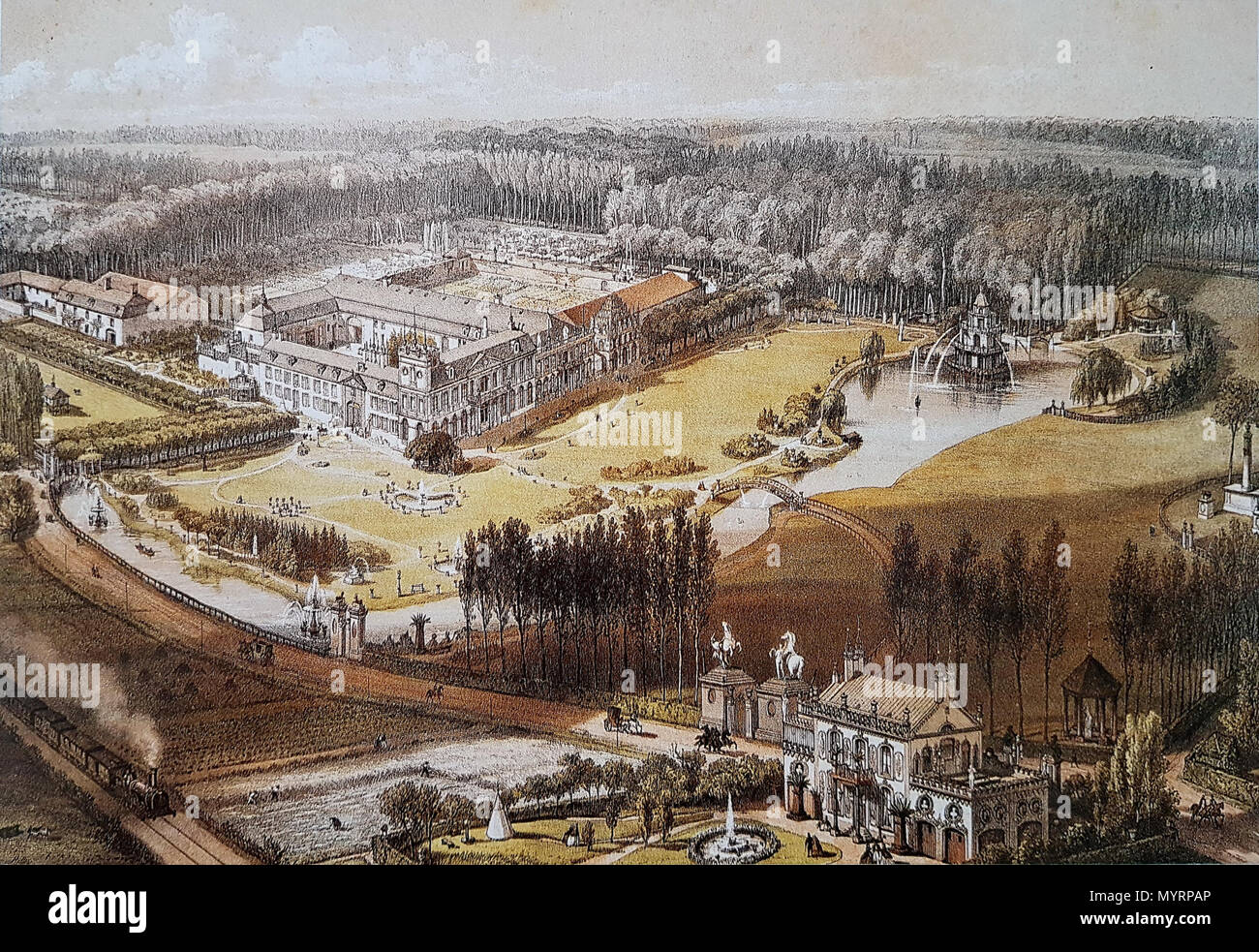 . Inglese: Bird vista sul castello di Vaeshartelt vicino a Maastricht, Paesi Bassi. La stampa è stata realizzata da un artista sconosciuto per un album che Petrus Regout - proprietario di Vaeshartelt - aveva messo insieme nel 1865 per la famiglia e gli amici. . 16 luglio 2016, 10:36:18. Artista sconosciuto, 1865 12 Kasteel Vaeshartel, Maastricht (album P Regout, 1865) Foto Stock