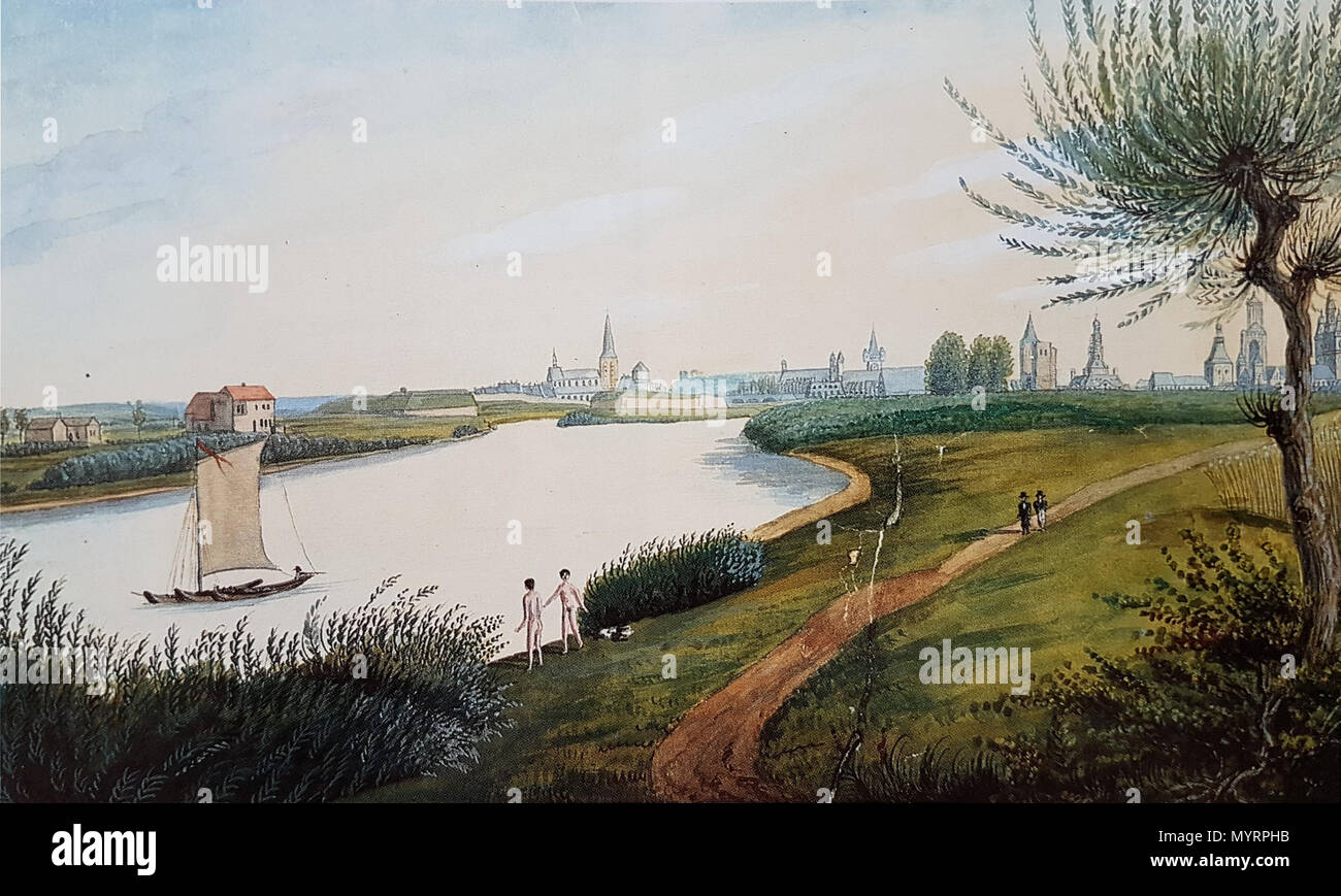 . Inglese: vista del fiume Mosa a nord di Maastricht, Paesi Bassi. Disegno da un artista locale e storico dilettante Philippe van Gulpen (1837). . 16 luglio 2016, 11:02:05. Philippe van Gulpen (1792-1862) 14 Maas bij Maastricht (Ph v Gulpen, 1834) Foto Stock