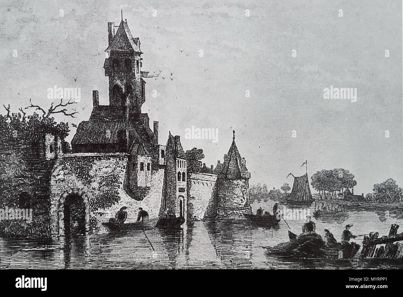 . Inglese: vista delle fortificazioni in Maastricht-Wyck, Paesi Bassi. Sia l'incisore (Kirk) e il relatore per parere (MOSS) può non avere mai stata a Maastricht perché gli edifici rappresentati qui aspetto irrealistico. . 16 luglio 2016, 11:15:54. Moss(?), inizio XIX c. 9 Fantasierijke tekening van vestingwerk in Maastricht-Wyck (rotocalco Kirk naar tekening Moss, ca 1820) Foto Stock