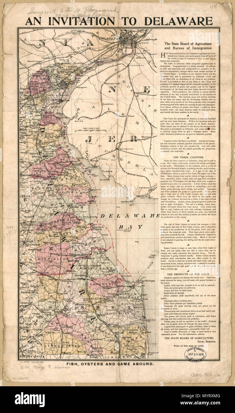 . Inglese: scala 1:316,800; 5 miglia da a. Colorati a mano. Include il testo. Disponibile anche tramite la Biblioteca del Congresso sito Web come immagine raster. Disponibile anche tramite la Biblioteca del Congresso sito Web come immagine raster. AACR2: 100; 651/1 . Un invito a Delaware. 1903. Smith, John L.; Delaware. Scheda Stato dell'agricoltura 351 un invito a Delaware LOC 78696292 Foto Stock