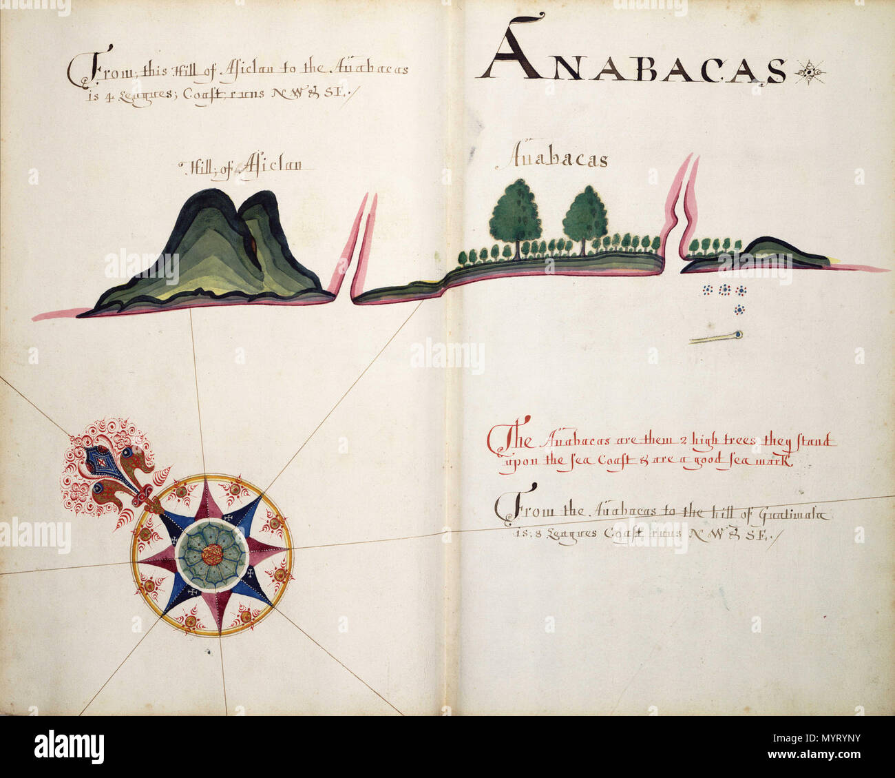 . Inglese: AnabacasBound foglio. Col. ms. Ulteriori luoghi: Guatemala, Atitlan. Contenuto Nota: 'L'Anabacas sono loro 2 alberi ad alto fusto che stare in piedi sul mare costa e sono un buon segno di mare". Legato in 'A Wagoner del Mare del Sud describeing costa del mare da Acapulco a Albemarle isola", una traduzione in inglese di un derrotero spagnolo catturato dalla nave spagnola "Rosario" dal capitano Bartolomeo Sharpe nel 1680. Hack reso più copie di questo atlante. Questo è stato presentato a James II. P/33(18) Anabacas, Hack . 1685. Hack, William 354 Anabacas RMG F1817 Foto Stock