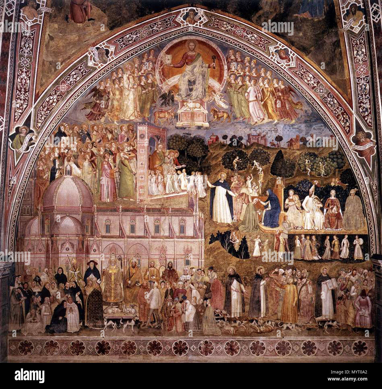 . Inglese: il nero-ammanta le figure sono domenicani (il Blackfriars, l'Ordine dei Predicatori, O.P.), e il bianco e nero i cani sono il loro simbolo. (Fondata da San Domenico a predicare contro le eresie, essi sono stati indicati come 'domini canes', segugi di Dio) In primo piano a sinistra è presente un gruppo di circa cinque decine di figure che rappresentano la cristianità, e illustrante il religioso e secolare gerarchie. Al centro sono il papa e l'imperatore e ai loro piedi sono in bianco e nero cani proteggere le pecore. Il secolare figure gamma dall'imperatore ai mendicanti e storpi. Dietro di loro Foto Stock