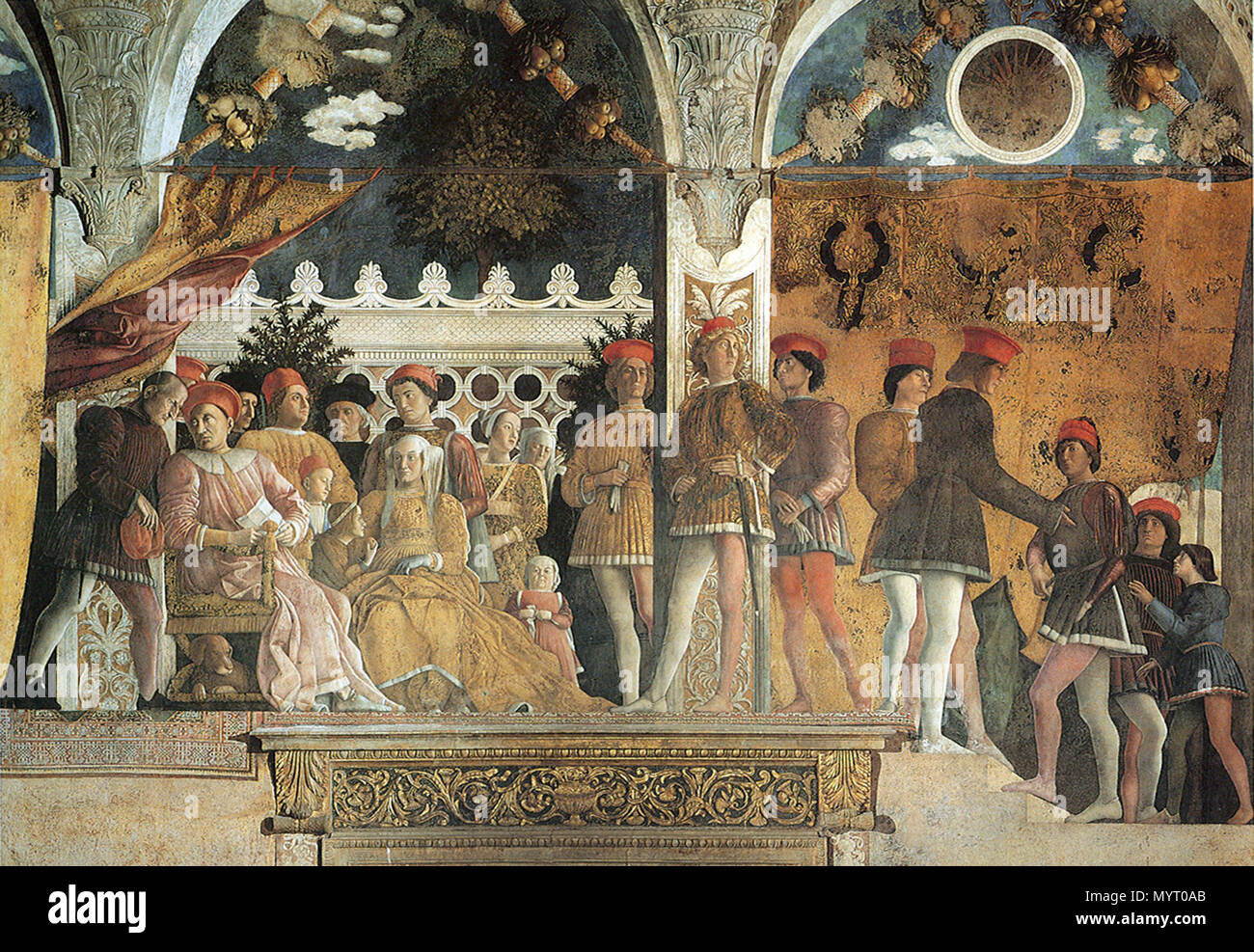 . Inglese: parete nord della Camera degli Sposi nel nordest Torre del Castel San Giorgio, Mantova . La corte dei Gonzaga 1. scena . tra il 1465 e il 1474 356 Andrea Mantegna - Camera picta, la corte 01 Foto Stock