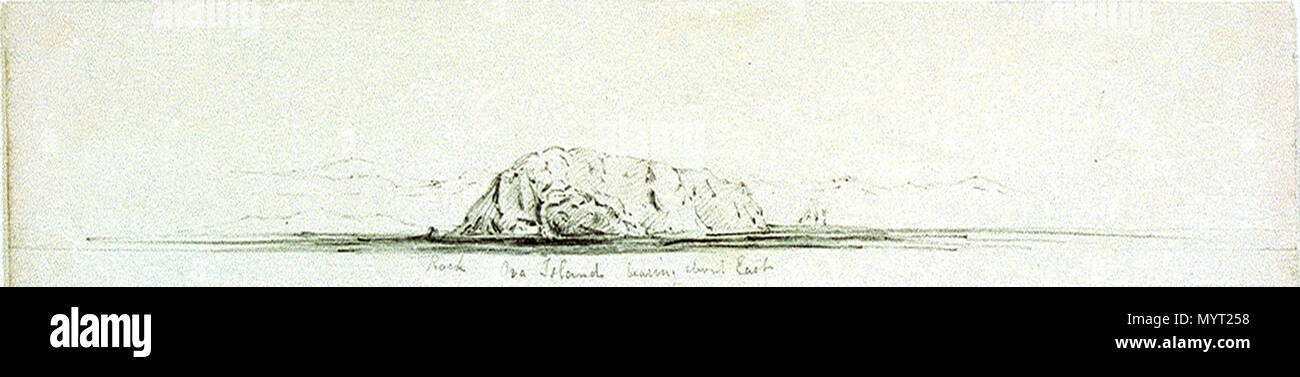 . Inglese: annotazioni vista topografica di Ora isola, probabilmente nel MediterraneanA profilo costiero schizzo di un isolotto fuori da una costa dietro, inscritto al di sotto 'rock' (riferendosi ad uno sulla sua sinistra) e 'Ora isola cuscinetto circa Est'. La posizione è incerta poiché non sembra esserci un'isola chiamata Ora, almeno nel Mediterraneo che è dove la maggior parte di Mende dei profili della collezione sono state prese. Essa può tuttavia essere l' isolotto di oro nel canale tra Paxos e Anti-Paxos. Con annotazioni vista topografica di Ora isola, probabilmente nel Mediterraneo . circa 1852-53. Il capitano George Pechel Foto Stock