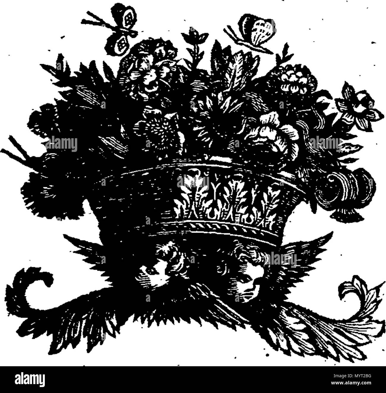 . Inglese: Fleuron dal libro: Anthropologia nova: o, un nuovo sistema di anatomia. Descrivere l'animale oeconomy, e una breve motivazione di molti tempere incidente a corpi umani. Illustrato sopra con ottanta figure, disegnati dopo la vita. Da James Drake, M.D. late Fellow del Collegio dei Medici e R. S. La seconda edizione corretta. Con una prefazione di W. Wagstaffe, M.D. e lettore di anatomia al chirurgo la-Hall. 367 Anthropologia nova- o, un nuovo sistema di anatomia Fleuron T063783-15 Foto Stock