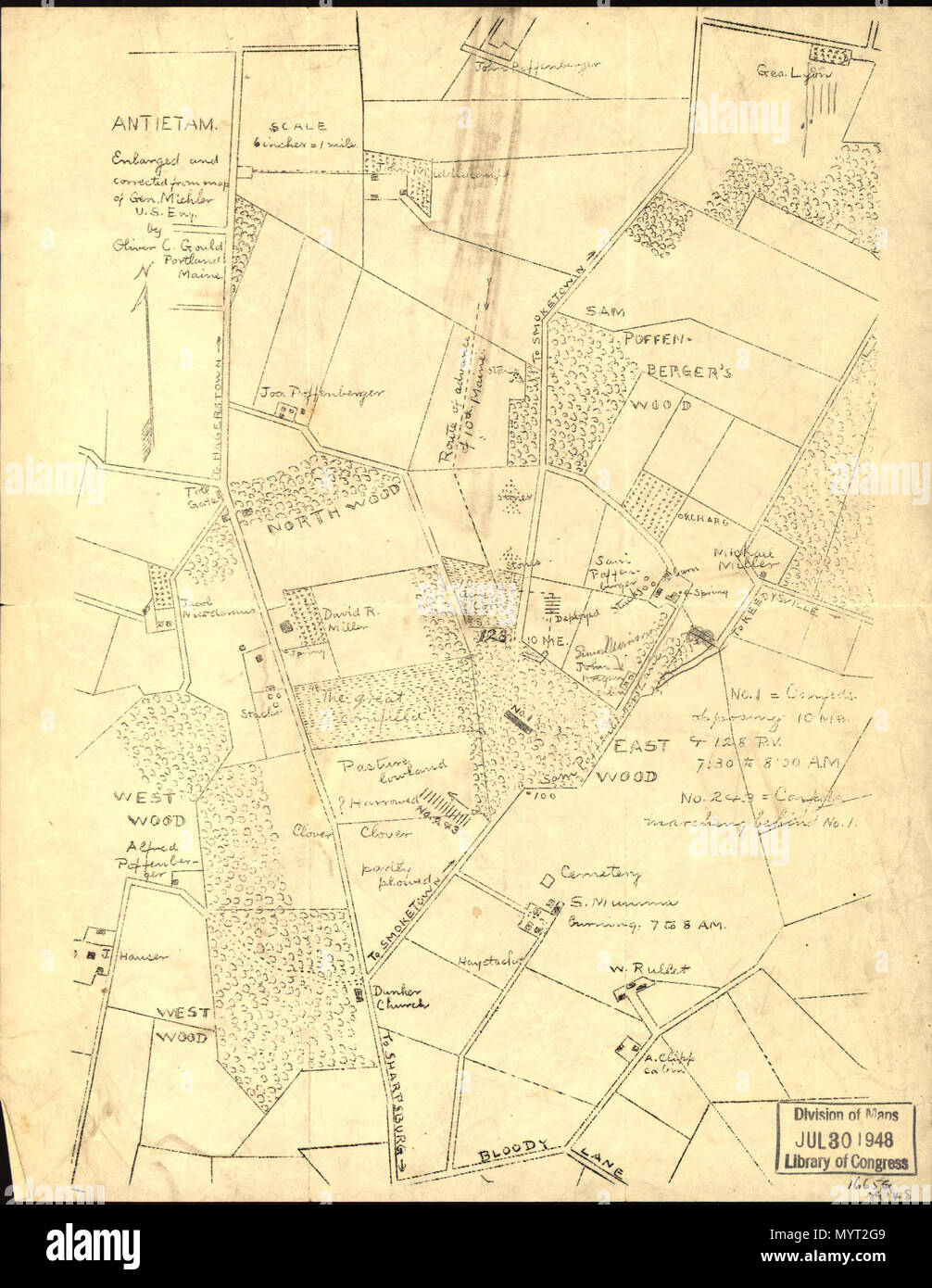 . Inglese: scala non dato. LC Guerra civile mappe (2a ed.), 245.55 'n. 1 = Confeds. 10 contrapposte Me. & 128 P.V., 7:30 a 8:00 No. 2 & 3 = Confeds. marciato dietro n. 1.' Questa mappa è stata in possesso di Jedediah Hotchkiss al momento della sua morte. Principali Hotchkiss servito come ingegnere topografico con l' esercito della Virginia del Nord. Nel luglio 1948, la Biblioteca del Congresso ha acquistato la sua collezione di carte. Descrizione derivata da pubblicato bibliografia. Disponibile anche tramite la Biblioteca del Congresso sito web come immagine raster. . Antietam. Ampliato e corretto da mappa di gen. Michler, U.S. Eng.,. 1 Foto Stock