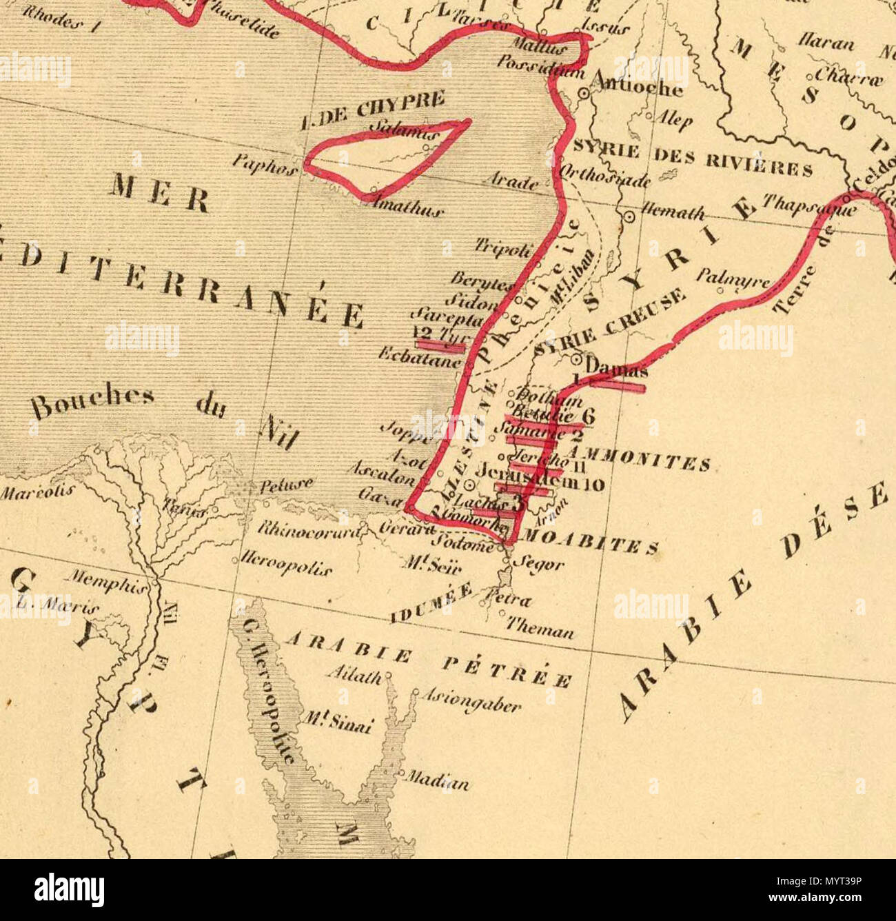 . Français : Carte de l' Empire des Perses. Pour servir a l'intelligence des livres d'Esdras, de Nehemias, de Tobie, de Judith, d'Ester de lavoro et des Prophetes. Depuis 588 jusqu'a 536 avant J.C. epoque ou finit la captivite. Dressee sous la direction de A. Houze. (Nel margine superiore:) Atlas histque. (Et) geogque. de la Terre Sainte. Carte VIII. (Parigi, Chez P. Dumenil, editeur, rue des Beaux-Arts, 10. 1844) . 1844. Antoine Philippe Houze 369 Antoine Philippe Houze . L'empire des Perses. 1844 (E) Foto Stock