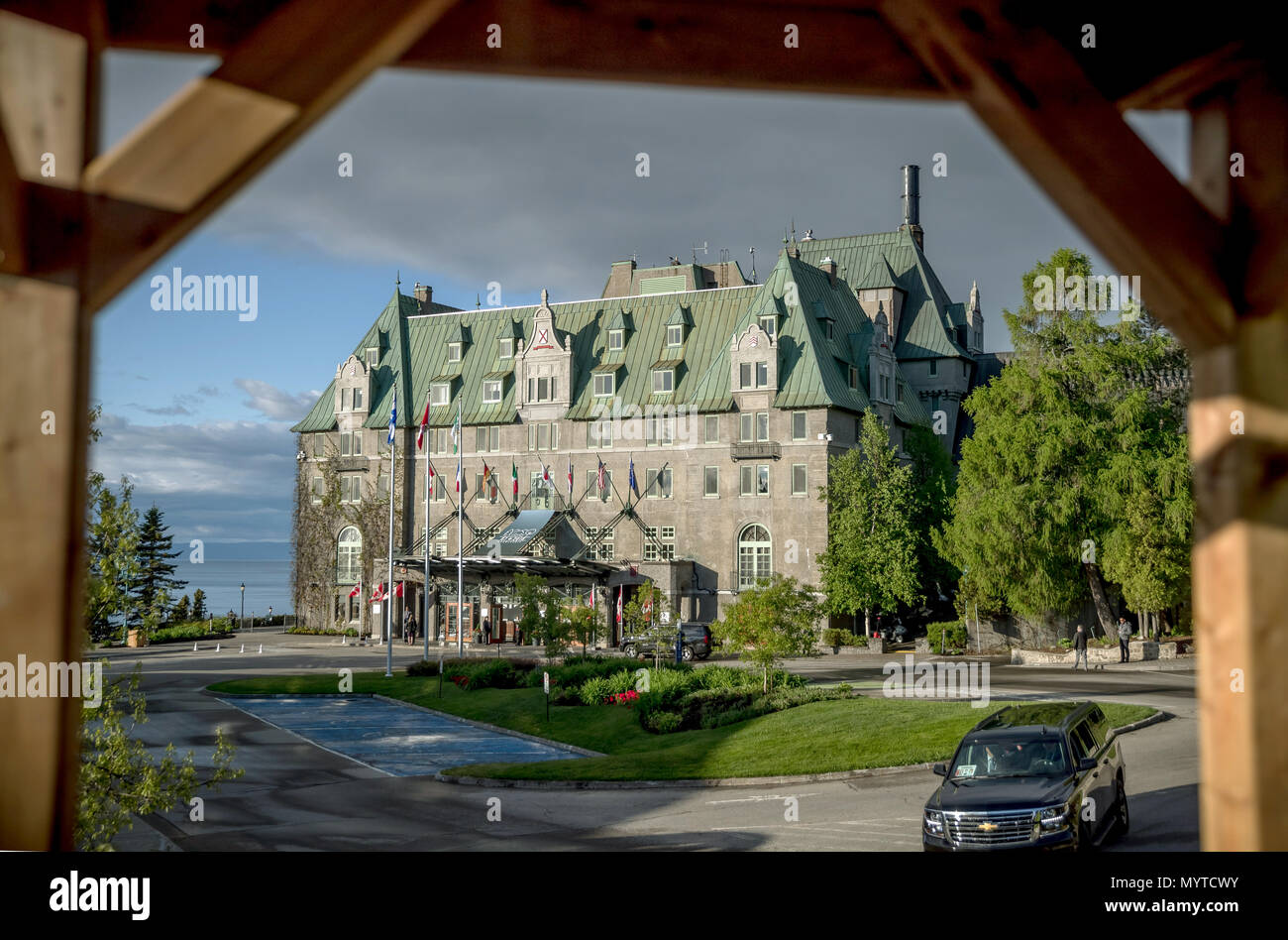 07 giugno 2018, Canada, Québec: L'hotel Fairmont Le Manoir Richelieu, convention center per il vertice del G7. Il Vertice del G7 avviene in Charlevoix, non lontano dalla città di La Malbaie nella provincia del Québec. Foto: Michael Kappeler/dpa Foto Stock