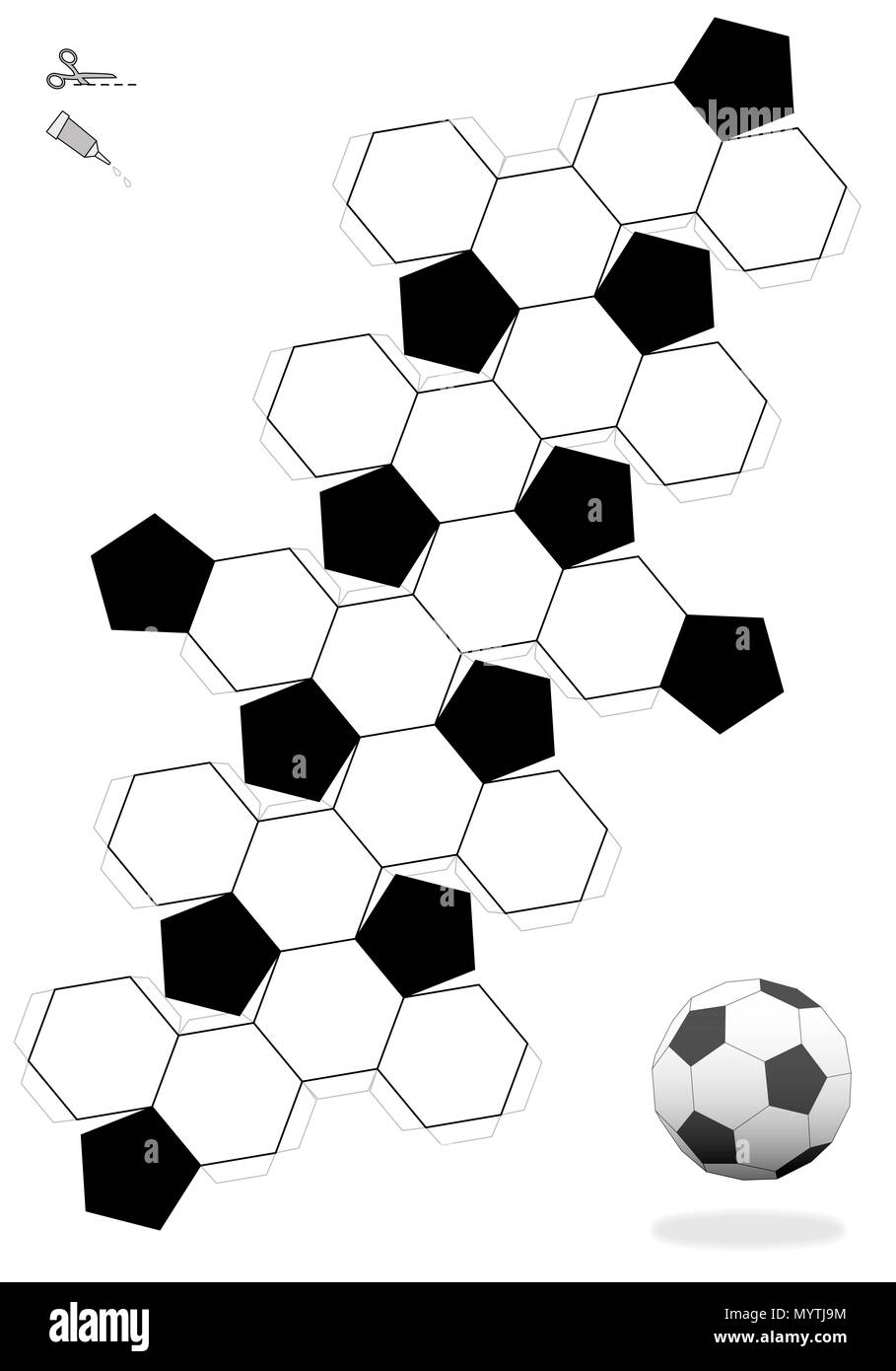 Troncato icosaedro. Pallone da calcio modello per la realizzazione di un oggetto 3d al di fuori della rete con dodici black pentagonale e venti bianco facce esagonali. Foto Stock