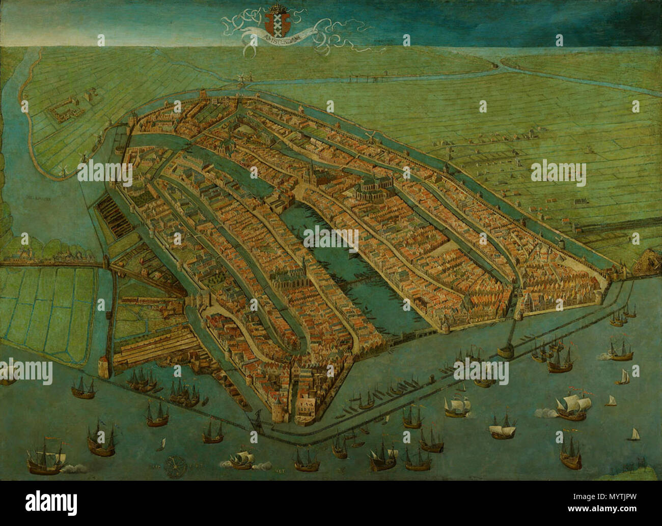 . Più antica mappa superstite di Amsterdam, che mostra la città è finito mura medievali, torri e porte. Come nella maggior parte delle antiche mappe di Amsterdam la città è rappresentata dall'IJ, in modo che la vista è rivolta a sud piuttosto che del nord. . Panoramica di Amsterdam . 1538 366 vista di Amsterdam Foto Stock