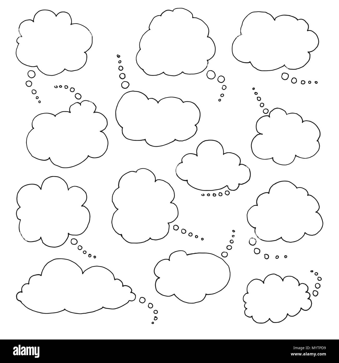 Penso di parlare i fumetti. Collezione artistica di disegnato a mano stile doodle palloncino comico, cloud e di cuore. Illustrazione Vettoriale nel disegno stile. Illustrazione Vettoriale