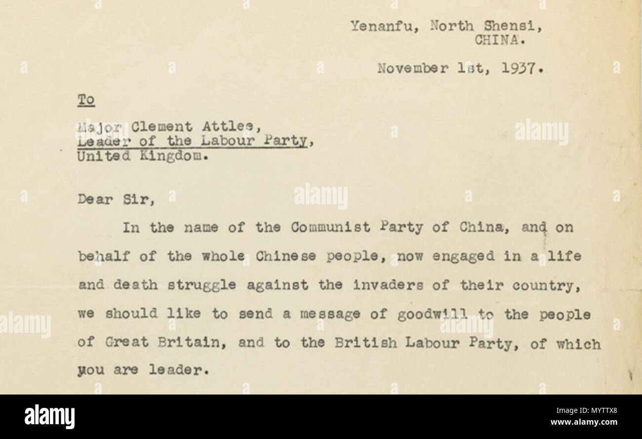 . 中文: 毛主席等人於延安致英國政治家艾德禮(Clement Attlee)的信件 . 1937. Vari (come mostrato) 2 Lettera comunista cinese 1937 03 Foto Stock