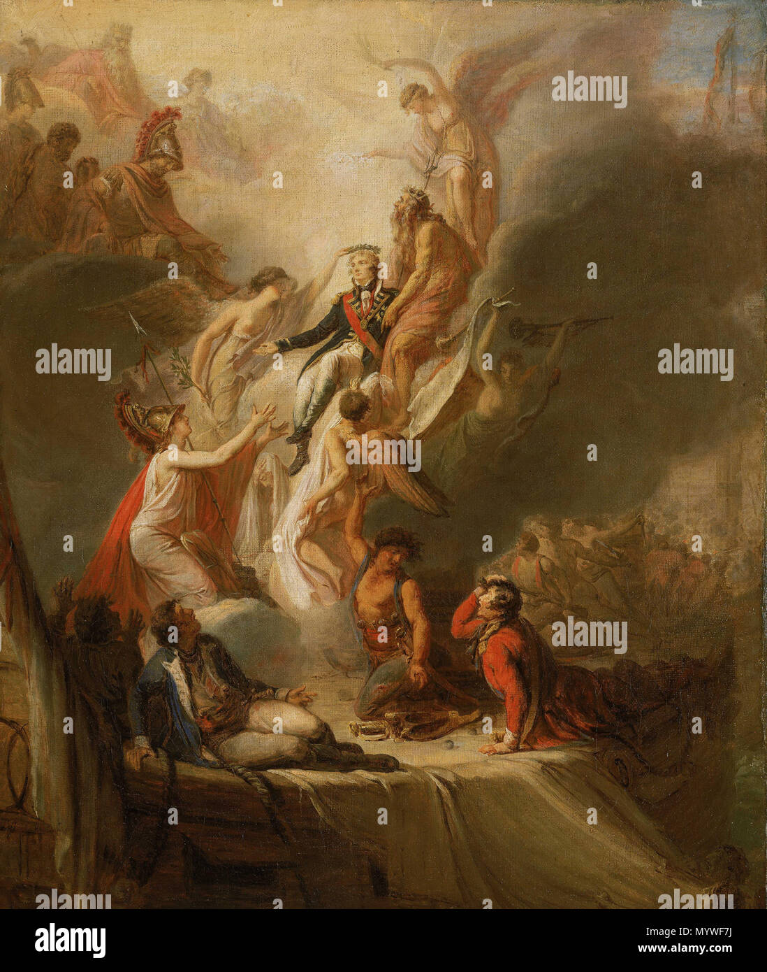 . Inglese: apoteosi di Nelson sebbene la vittoria a Trafalgar il 21 ottobre 1805 è stata una causa per la celebrazione in Gran Bretagna, ha provocato la perdita di Nelson. La sua morte all'altezza della sua fama ha ispirato un culto di eroe-culto. Legrand per interpretazione si aggira tra il romantico e di eroica e adatta una lettura classica di un apoteosi, raffigurante un divinizzato Nelson ricevuto nell immortalità fra gli dei dell'Olimpo. Ciò è testimoniato dal dolore di uomini sul ponte della barca, mentre a destra la Battaglia di Trafalgar continua a Rage. Queste mortali consistono di un sergente dei Marines a destra Foto Stock