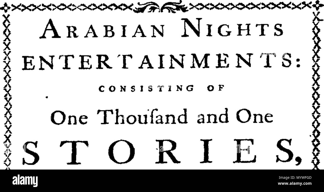 . Inglese: Fleuron dal libro: Arabian Nights entertainments: consistente in mille e una storie, raccontata dai Sultaness delle Indie, per deviare il sultano dall'esecuzione di una sanguinosa voto aveva fatto sposare una donna ogni giorno e avere il suo tagliare la mattina successiva per vendicare se stesso per le infedeltà del suo primo Sultaness, &c. Contenente un meglio conto del Costume e della religione dei popoli orientali, vale a dire il Tartari, i Persiani e indiani, che è quello di essere incontrato in qualsiasi autore finora pubblicati. Tradotto in francese dal Arabian mss. da M. Galland della Royal Academy Foto Stock