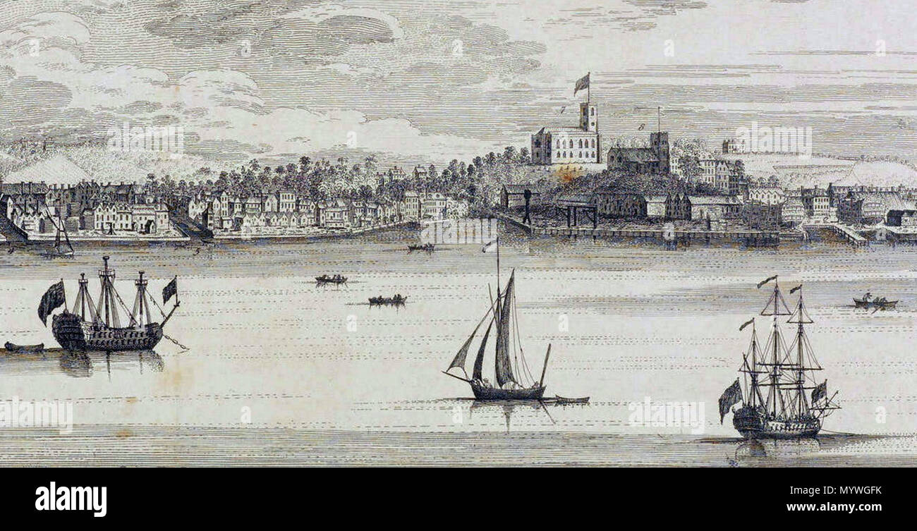 . Inglese: la prospettiva del nord di Woolwich, nella contea del Kent. Dettaglio di un incisione da Samuele e Nathaniel Buck (1739). Raccolta della London Metropolitan Archives. La torre campanaria a sinistra apparteneva al Royal Ropeyard. A destra una rara vista della medioevale e georgiana chiesa parrocchiale, che esistevano solo insieme per 2 o 3 anni. . 9 marzo 2017, 08:32:15. Samuel & Nathaniel Buck 25 vista di Woolwich &AMP; Dockyard, S &AMP; N Buck, 1739 LMA (dettaglio 3) Foto Stock