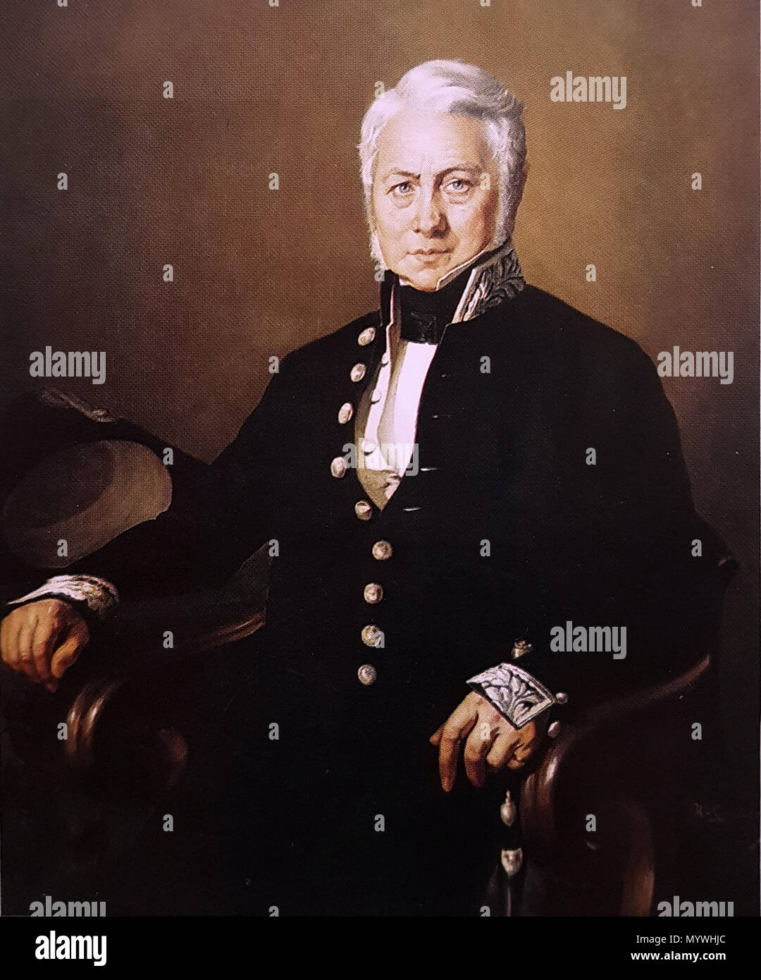 . Inglese: ritratto da Henri Goovaerts di Jean François Hennequin (1772-1846, magistrato di Maastricht durante il francese e il periodo Olandese, più tardi di Liegi. Facciata con il belga rivoluzionari in 1830. Membro del parlamento. Governatore della provincia belga del Limburgo. . 19 Giugno 2017 21:00:56. Henri Goovaerts RKD 19 Portret J F Hennequin, Stadhuis v Maastricht Foto Stock