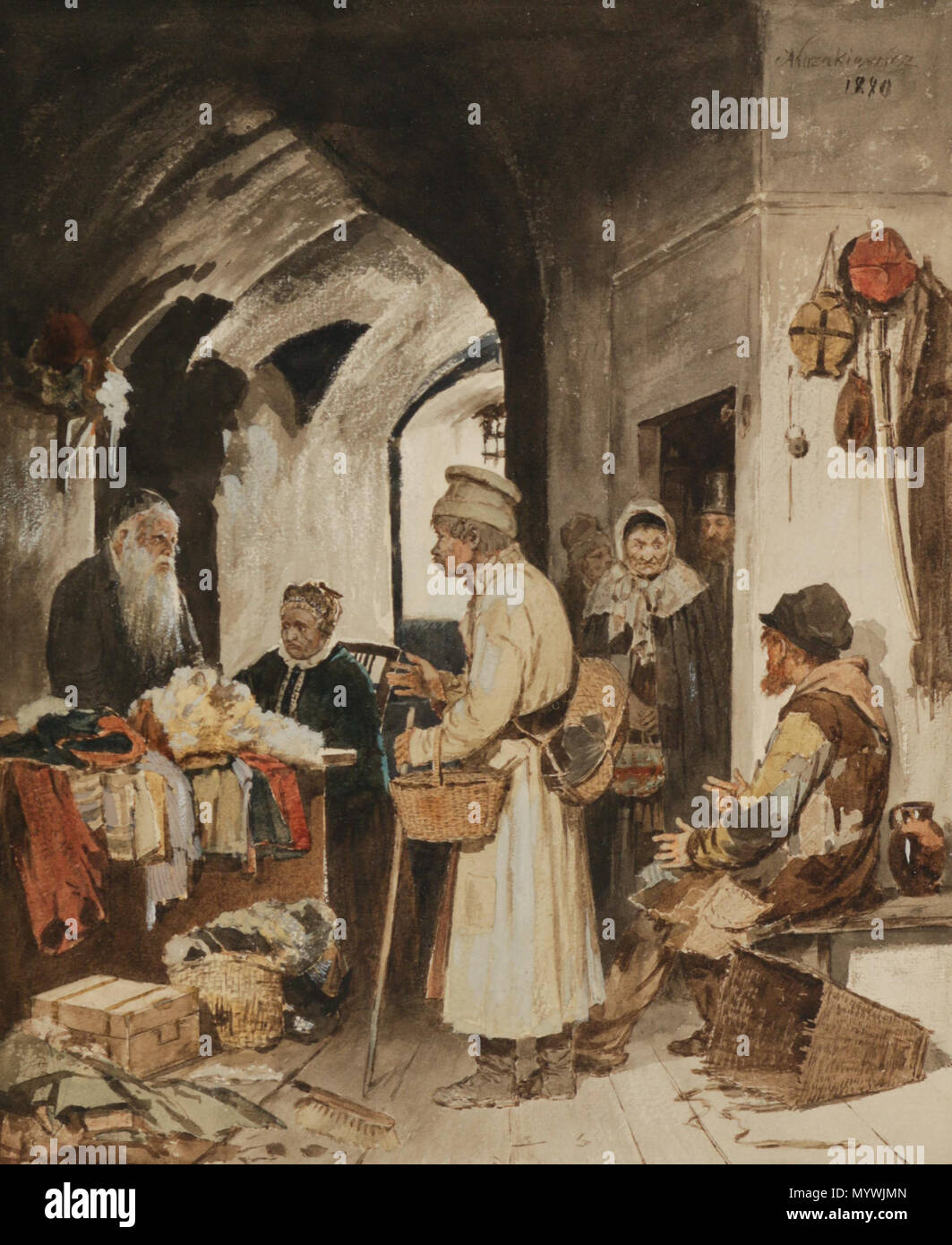 . Deutsch: Die Kleiderspende, rechts oben signiert und datiert: Un Kazakiewicz, Aquarell/ Mischtechnik auf Papier, ca. 27 x 23 cm . 1890. Antoni Kozakiewicz (1841-1929) nomi alternativi a. kozukiewiez; A. Kozakiewicz; anton Kozakiewicz; Anton Kozakiewicz Descrizione pittore polacco Data di nascita e morte 13 Giugno 1841 3 Gennaio 1929 / 1929 Luogo di nascita e morte Cracovia Cracovia competente controllo : Q2485193 VIAF: 220937705 ULAN: 500094718 GND: 1018216391 RKD: 46158 370 Anton Kazakiewicz Die Kleiderspende Foto Stock