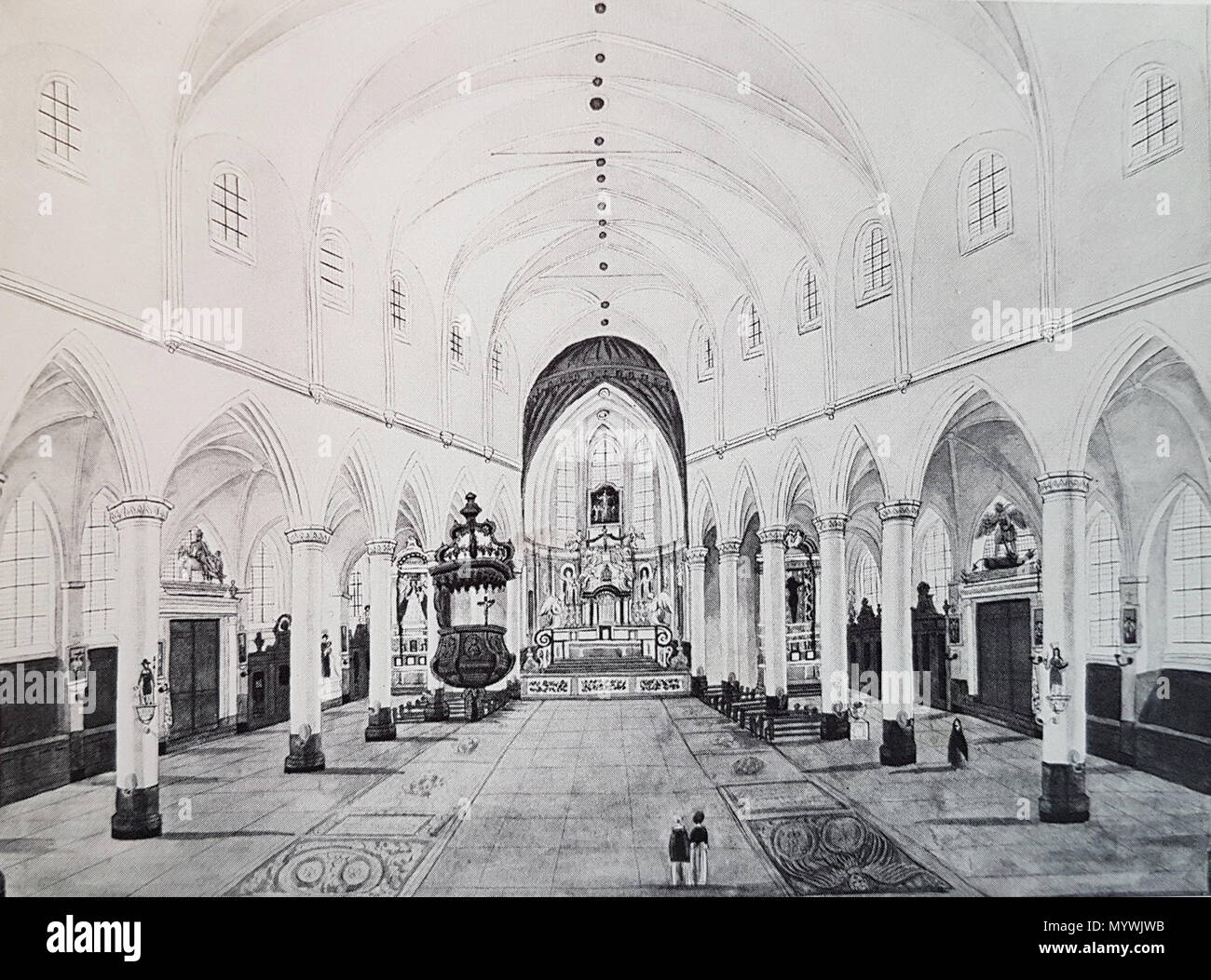 . Inglese: vista interna medievale della chiesa parrocchiale di San Martino a Maastricht, Paesi Bassi. Disegno da un artista locale e il dilettante-storico Philippe van Gulpen, ca. 1850. La chiesa è stata demolita poco dopo e sostituito dal testo attuale revival gotico edificio progettato da Pierre Cuypers. . 11 marzo 2018, 16:40:24. Philippe van Gulpen, ca. 1850 18 Ph v Gulpen, Interieur St-Martinuskerk Wyck-Maastricht, ca 1850 Foto Stock