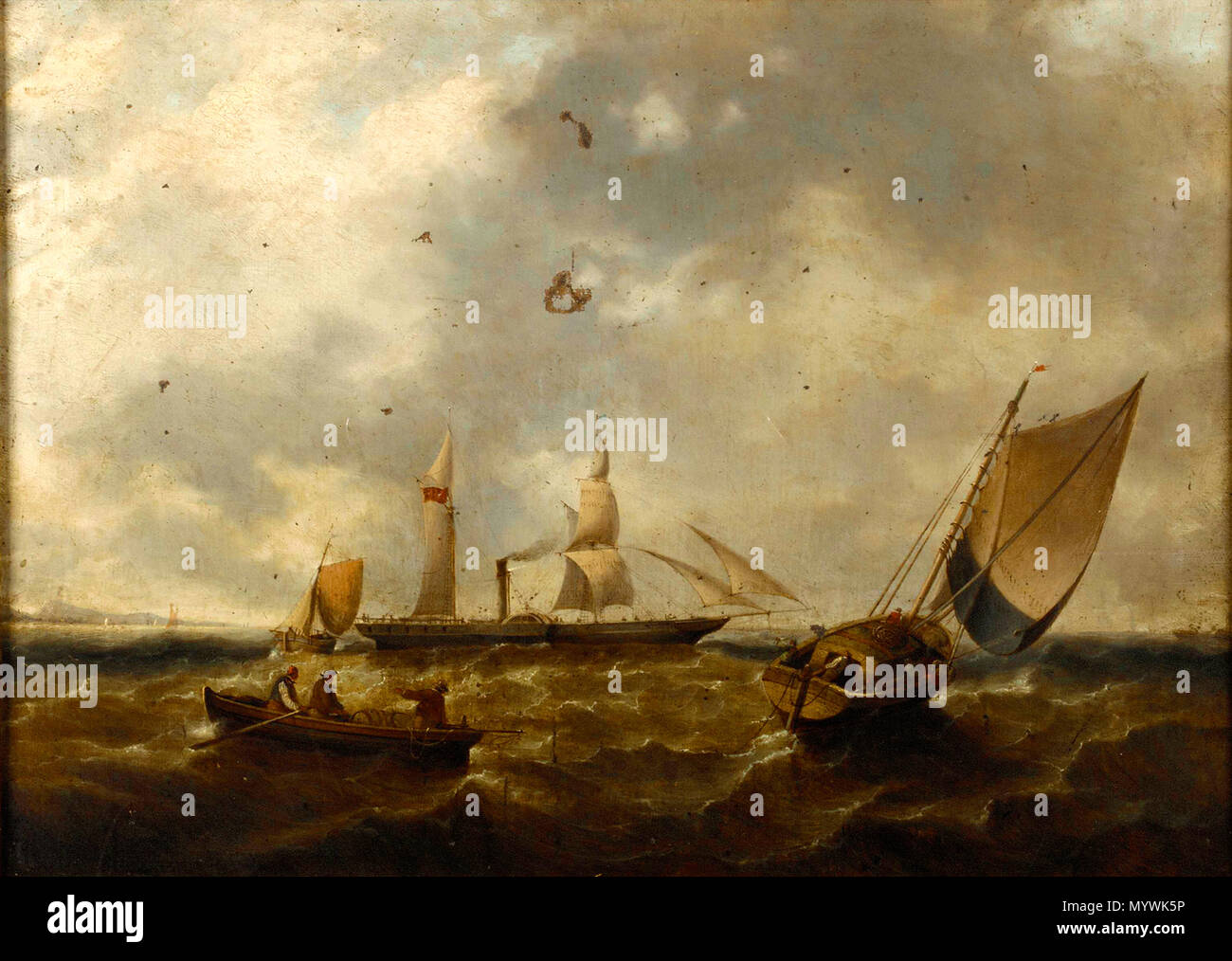 . Inglese: un battello a vapore e le navi da pesca vicino alla costa della pittura. Un battello a vapore e le navi da pesca vicino a una costa . circa 1850. British School, secolo XIX 164 Un battello a vapore e le navi da pesca vicino a una costa RMG BHC1170 Foto Stock