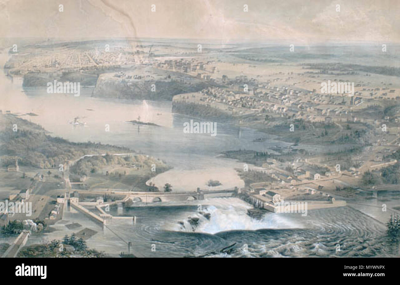 4 Vista di Parliament Hill e Chaudière cade. "Città di Ottawa, Canada Ovest", ca. 1859, da uno stent e la conca. Foto Stock