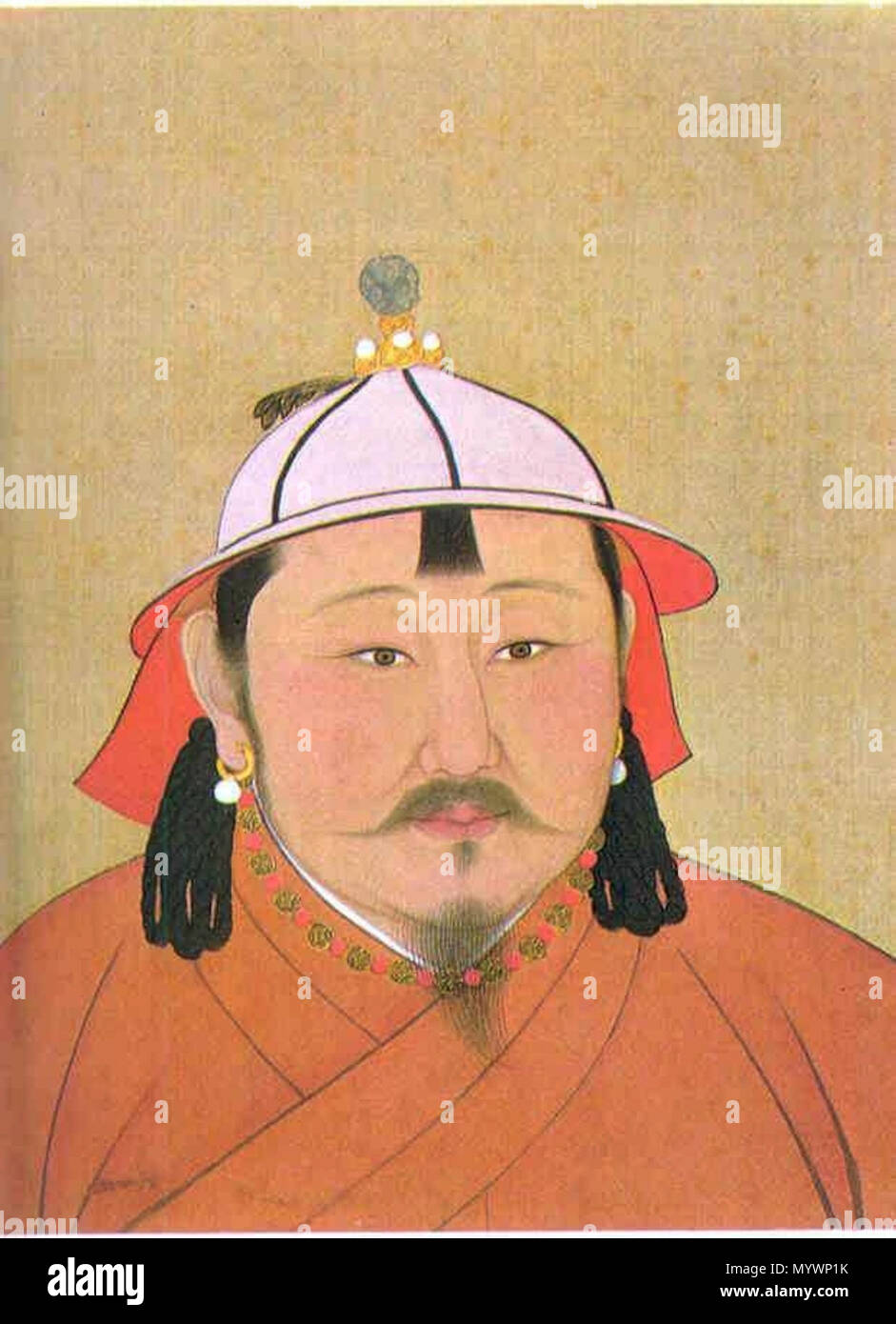. Chengzong, a.k.a. Temür, a.k.a. Öljeitü Khan. Ritratto tagliate fuori di una pagina da un album raffiguranti alcuni imperatori Yuan (Yuandai di banshenxiang), che ora si trova nel Museo del Palazzo Nazionale di Taipei (inv. nr. zhonghua 000324). Dimensione originale è 47 cm e largo 59,4 cm alta. Vernice e inchiostro su seta. Per la pagina completa, vedere immagine:YuanEmperorAlbumTemurOljeituFull.jpg. . Xiv secolo. sconosciuto / (della riproduzione) il National Palace Museum di Taipei 1 Chengzong di Yuan Cina Foto Stock