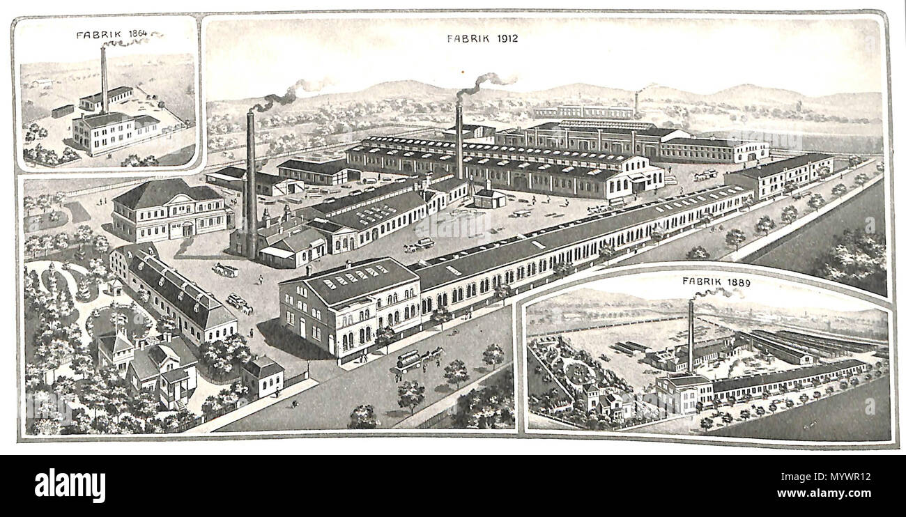 . Deutsch: Zittau - (fiktive) Ansichten der Maschinenfabrik vormals Albert Kiesler & Co. Das Unternehmen wurde 1864 gegründet und fertigte Textilmaschinen für Bleicherei und Färberei-Arbeitsgänge. 1872 wurde das Unternehmen zur Aktiengesellschaft umgewandelt. Im Jahr 1913 waren 400 Mitarbeiter beschäftigt, als Spezialität wurden hydraulische Pressen und mit Dampf oder elektrisch beheizbare Plata in das Fertigungssortiment aufgenommen. . 1913. Wilhelm Wendlandt (1859-1937) 2 (1913) ZITTAUer Maschinenfabrik AG Foto Stock