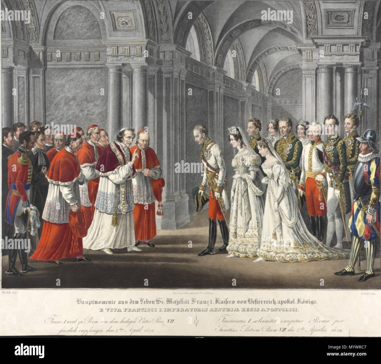 . Deutsch: Kaiser Franz I. und Kaiserin Karoline Auguste werden am 2. 4. 1819 von Papst Pio VII. im Quirinalspalast nella Rom empfangen. Lithographie von Franz Wolf nach einer Vorlage von Johann Nepomuk Hoechle, aus der Serie "Hauptmomente aus dem Leben Suor Majestät Franz I."; . 1 gennaio 1835. Johann Nepomuk Hoechle (1790-1835) nomi alternativi Johann Nepomuk Höchle; J. N. Höchle; J. jun. Höchle; Johann Nepomuk Höchle jun.; Johann N. Höchle; hochle j.; Johann nep. Descrizione Höchle pittore tedesco e compositore Data di nascita e morte 16 Settembre 1790 12 dicembre 1835 Luogo di nascita/d Foto Stock