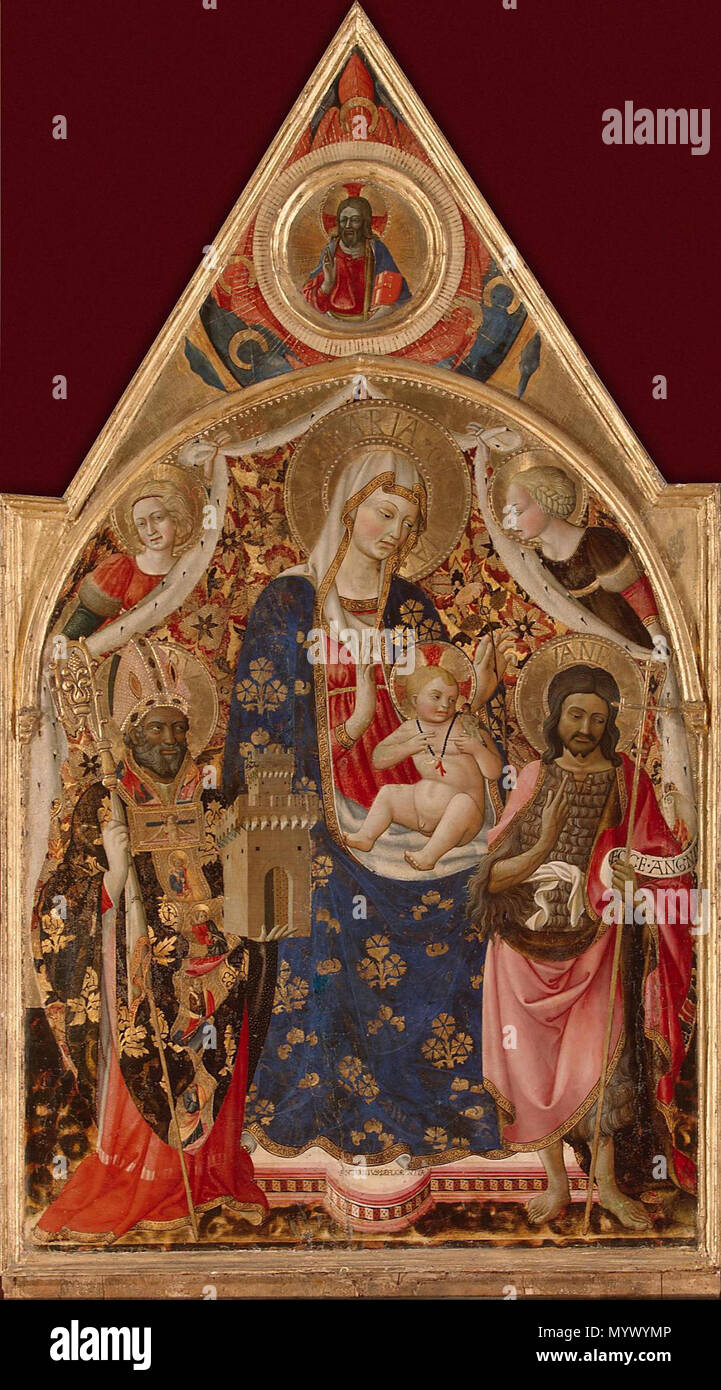 . Madonna in trono col Bambino tra i Santi. Titolo alternativo(s): la Madonna e il bambino con un Vescovo, San Giovanni Battista e Angeli, Cristo benedicente . tra il 1400 e il 1450 371 Antonio da Firenze - La Madonna e il bambino con un Vescovo, San Giovanni Battista e gli angeli. Parte superiore- Cristo benedicente - Hermitage Foto Stock