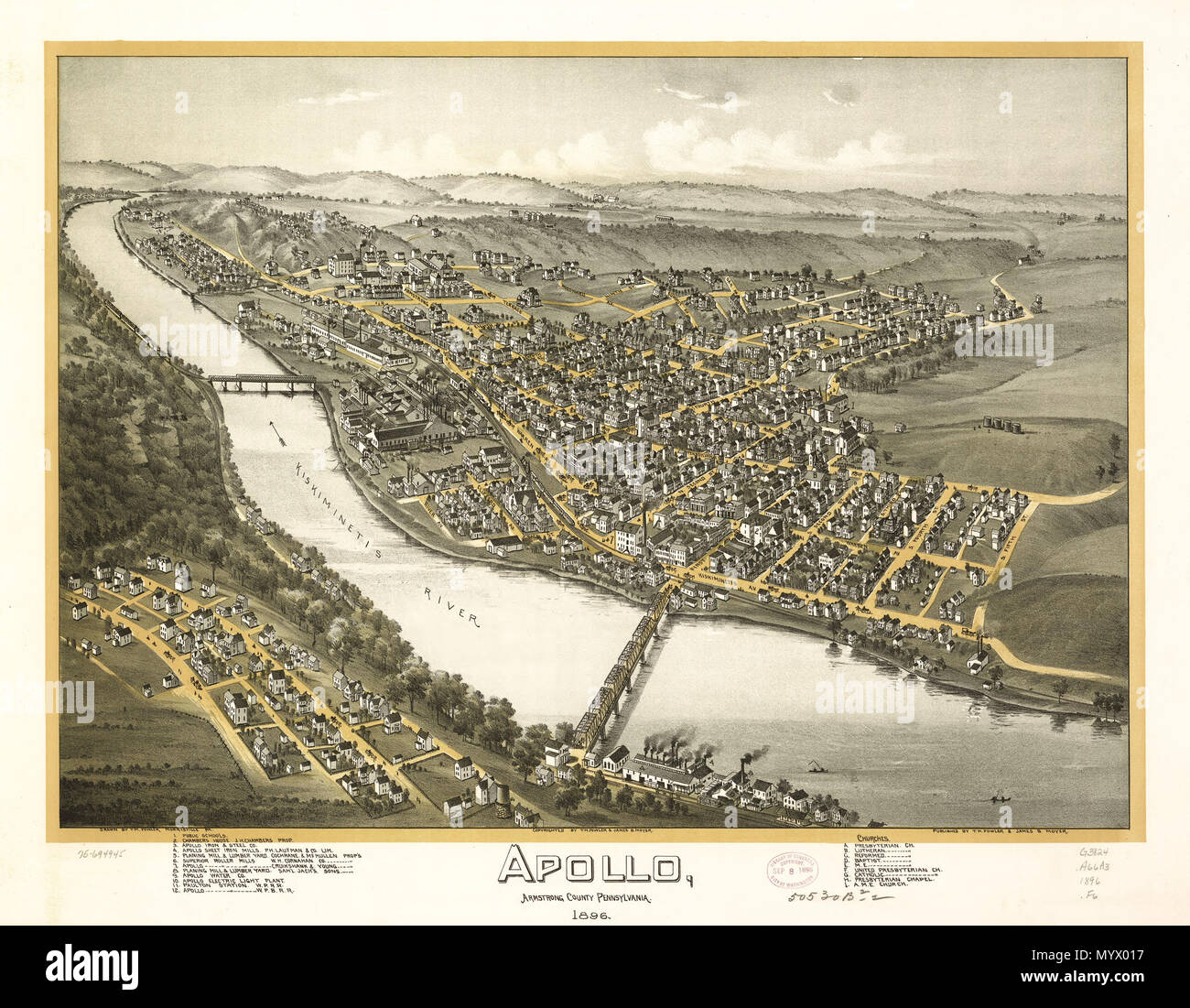 . Inglese: mappa in prospettiva non è disegnata in scala. Bird's-eye-vista. LC Mappe panoramiche (2a ed.), 732 disponibile anche attraverso la Libreria del Congresso sito Web come immagine raster. Indicizzati per i punti di interesse. AACR2 . Apollo, Armstrong County, Pennsylvania 1896.. 1896. Fowler, T. M. (Taddeo Mortimer); Moyer, James; Fowler, T. M. 372 Apollo, Armstrong County, Pennsylvania 1896. LOC 75694945 Foto Stock