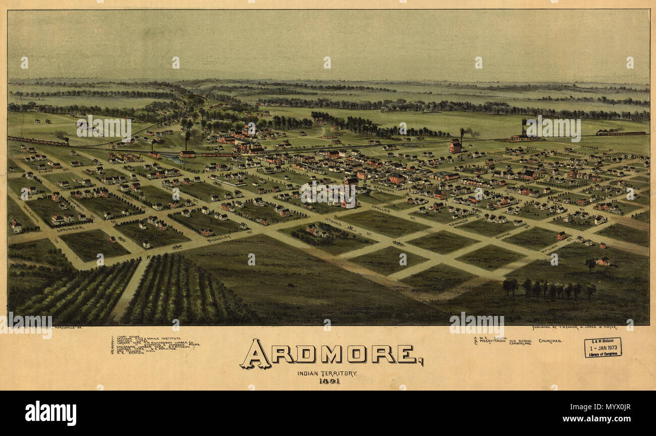 . Inglese: mappa in prospettiva non è disegnata in scala. Bird's-eye-vista. LC Mappe panoramiche (2a ed.), 713.2 disponibile anche attraverso la Libreria del Congresso sito Web come immagine raster. Indicizzati per i punti di interesse. Vault AACR2 . Ardmore, il territorio indiano, 1891.. 1891. Fowler, T. M. (Taddeo Mortimer); Moyer, James; Fowler, T. M. 375 Ardmore, il territorio indiano, 1891. LOC 73693205 Foto Stock