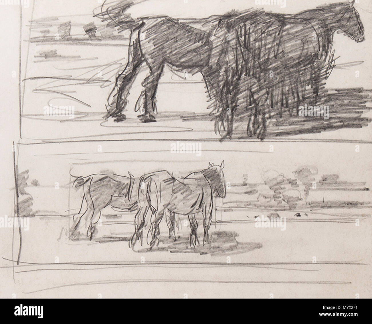 . Inglese: il campo di studio: cavalli da lavoro. Matita. Stampigliato sul verso: "Harry Becker / Loftus coll' 8x10.5 cm. . Prima di 1929. Harry Becker (1865-1928) Descrizione pittore Data di nascita e morte 1865 1928 competente controllo : Q5667218 VIAF: 34109508 ULAN: 500053973 LCCN: no2001065097 RKD: 133354 WorldCat 44 Harry Becker - BD1 Foto Stock