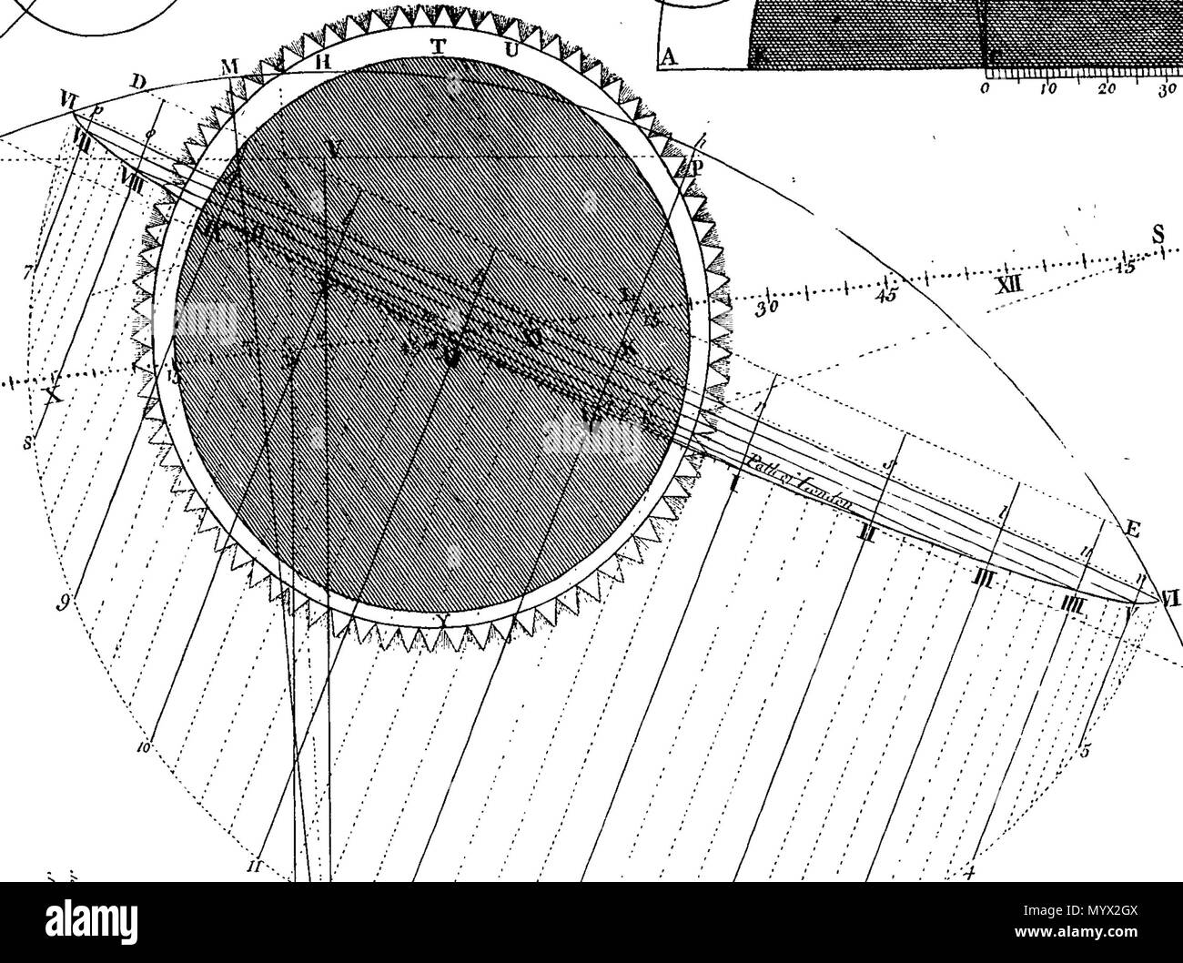 . Inglese: Fleuron dal libro: Astronomia ha spiegato al Sir Isaac Newton, principi e reso facile per coloro che non hanno studiato matematica. Ai quali si sono aggiunti, un semplice metodo per trovare le distanze di tutti i pianeti dal sole, dal transito di Venere sopra il disco del sole, nell'anno 1761. Un account del sig. Horrox di osservazione del Transito di Venere nel 1639: e delle distanze di tutti i pianeti dal sole, come si evince dalle osservazioni del transito nell'anno 1761. Da James Ferguson, F.R.S. 384 Astronomia ha spiegato al Sir Isaac Newton, principi e reso facile Foto Stock