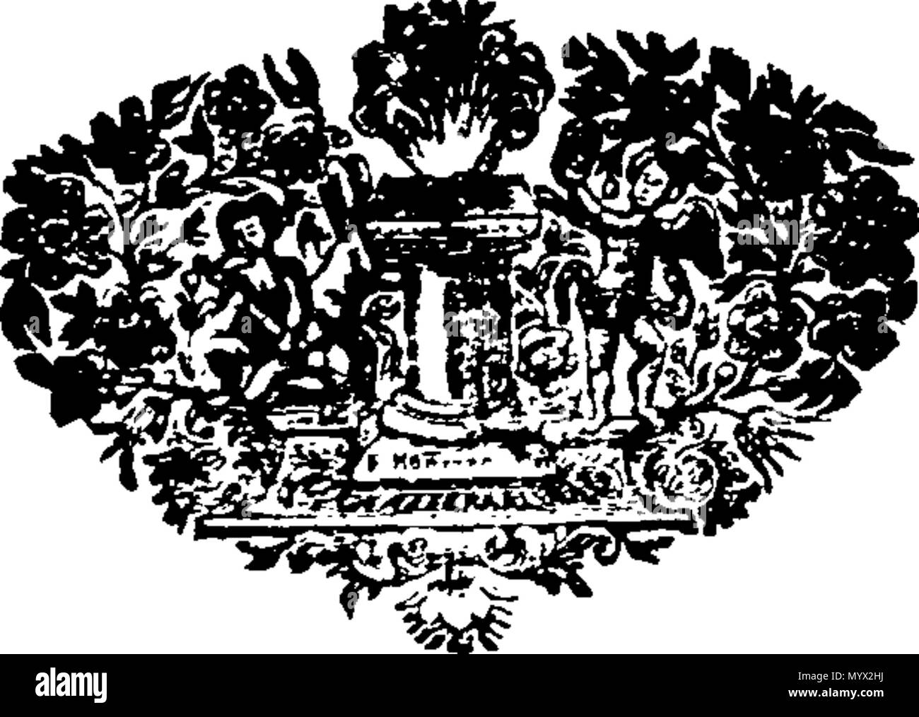 . Inglese: Fleuron dal libro: Astronomia dei satelliti della Terra, Giove e Saturno: fondata su Sir Isaac Newton la teoria della satellitari della Terra. La teoria di spiegare'd, e reso facile il più cattivo di capacità, nel calcolare il vero luogo della luna: e liberati dagli errori stampato in detta teoria, dal dottor Gregory, il Dott. Harris e molti altri autori per il quale ora il luogo della luna e le eclissi dei luminari, si trovano ad un grande rigore. Anche le nuove tabelle dei movimenti dei satelliti di Giove e Saturno, (fondata su osservazioni del sig. Flamsteed, il sig. Foto Stock