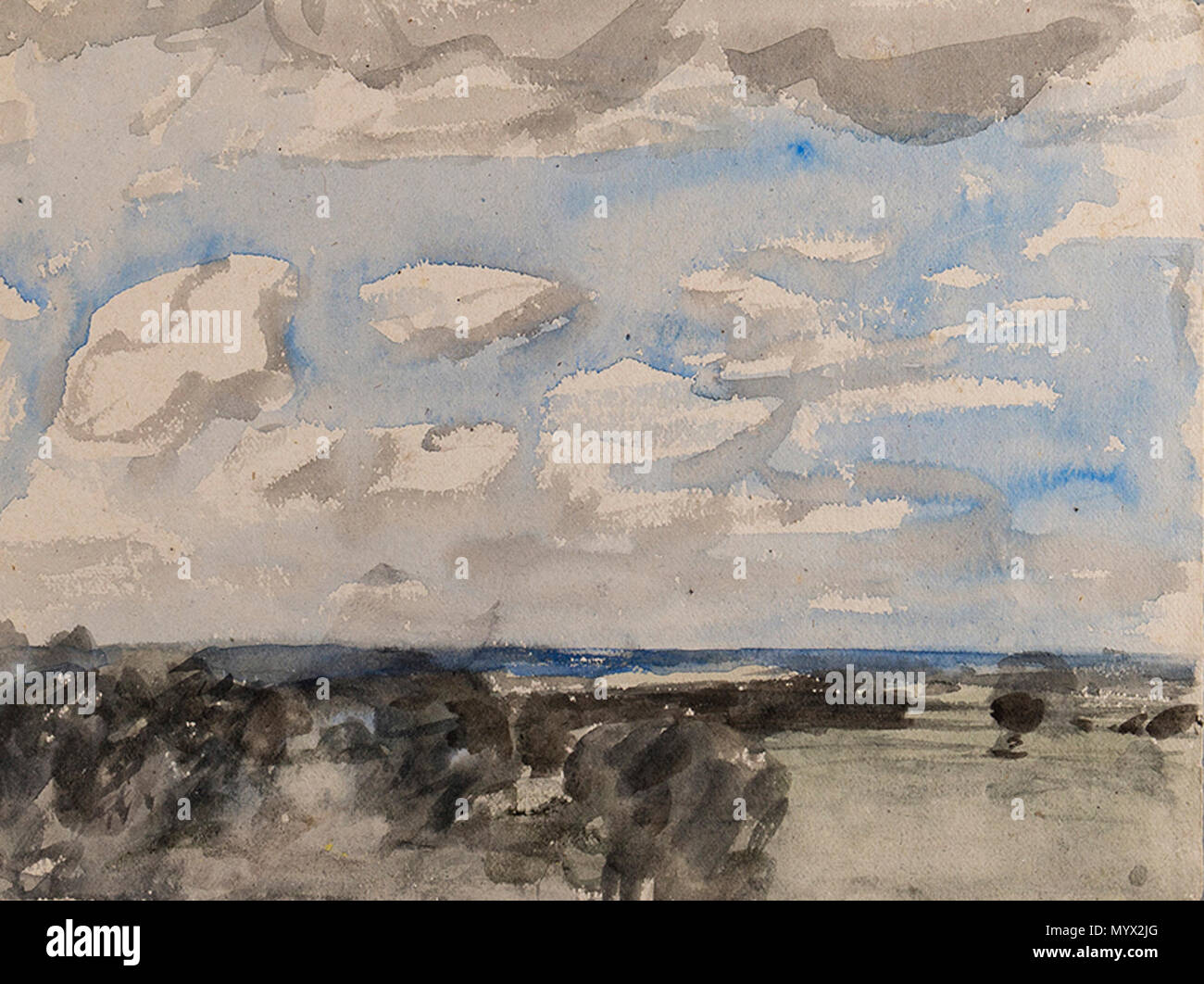 . Inglese: "Blue Skies". Acquerello. Inscritto il retro. Stampigliato sul verso: "Harry Becker / Loftus coll' 9.5x12 pollici. . Prima di 1929. Harry Becker (1865-1928) Descrizione pittore Data di nascita e morte 1865 1928 competente controllo : Q5667218 VIAF: 34109508 ULAN: 500053973 LCCN: no2001065097 RKD: 133354 WorldCat 44 Harry Becker - BW23 Foto Stock