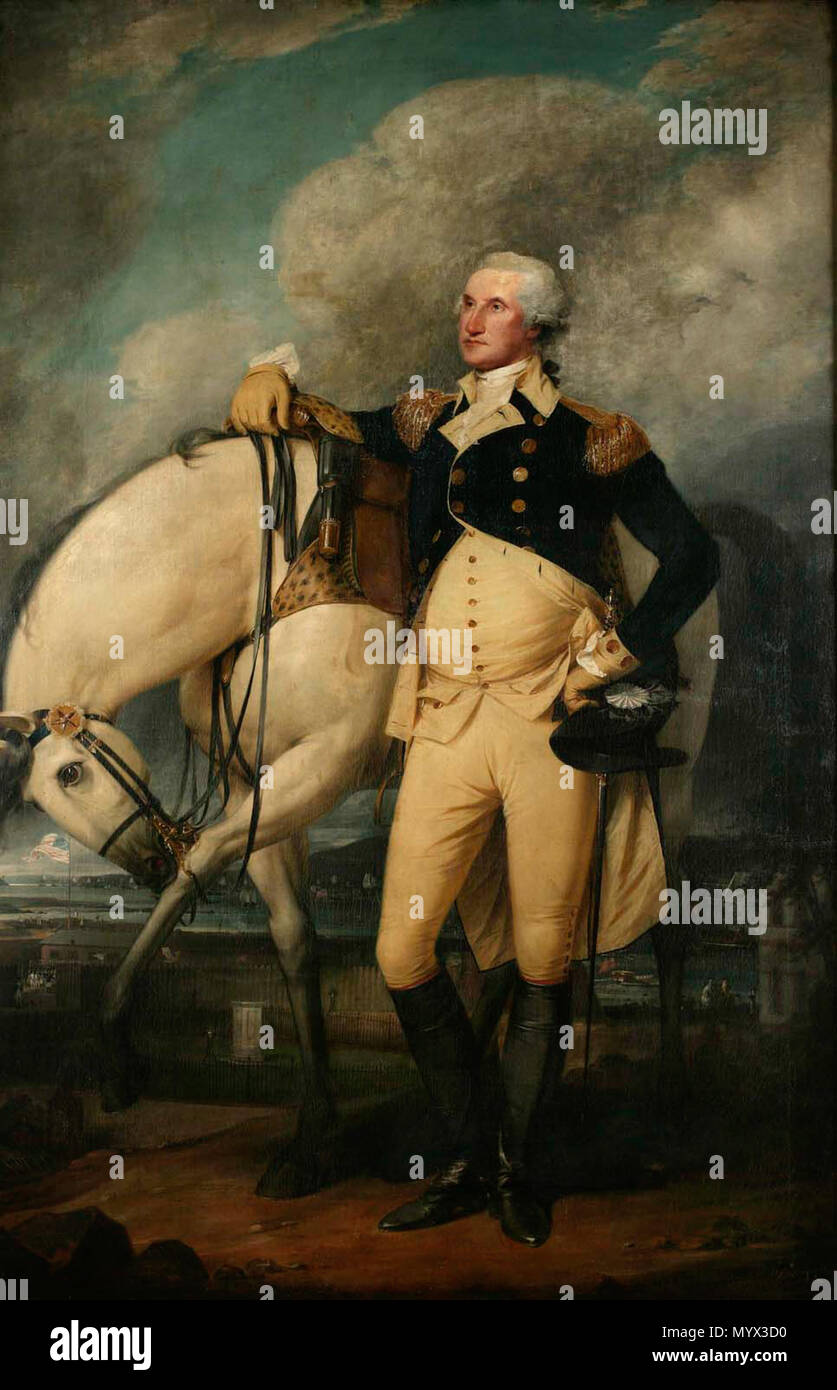 . Inglese: ritratto a figura intera di George Washington da John Trumbull dipinto nel 1790 per la città di New York. La seconda versione di Washington a Verplanck punto, ma con sfondo impostato sul giorno di evacuazione, Novembre 25, 1783, il ritorno di Washington e la partenza delle forze britanniche. . George Washington . 1790 19 George Washington da John Trumbull 1790 Foto Stock