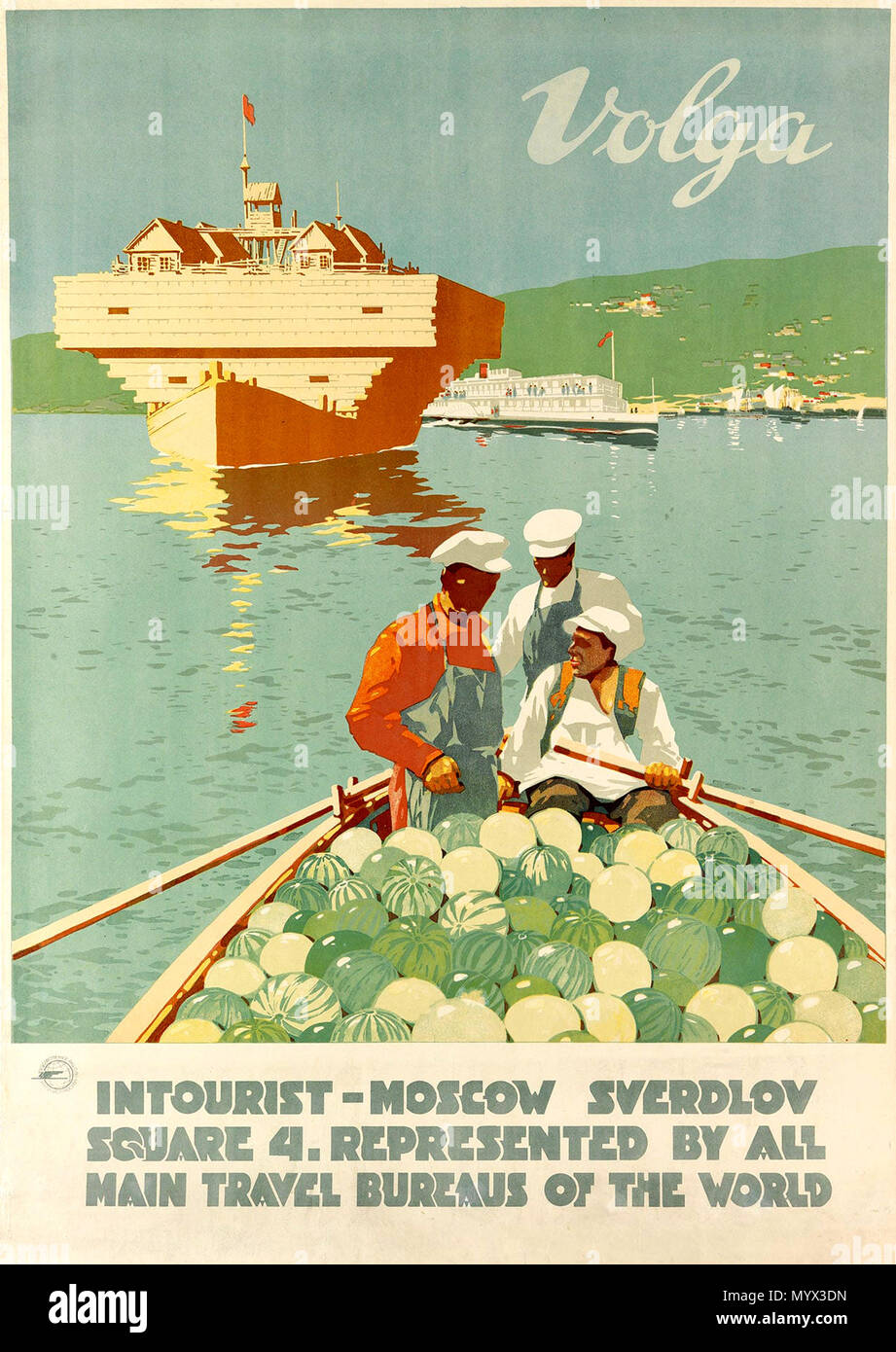 . Русский: Туристический плакат о Волге. Внешторгиздат по заказу Интуриста, 1932. Хромолитография, 98×64 см. . 1932. ??????????? ???????? (?? ?????? ? ???????? ?????? ???????; ??????????? ????????? ?????????? ??? ???????) 105 Volga (viaggi poster) Foto Stock