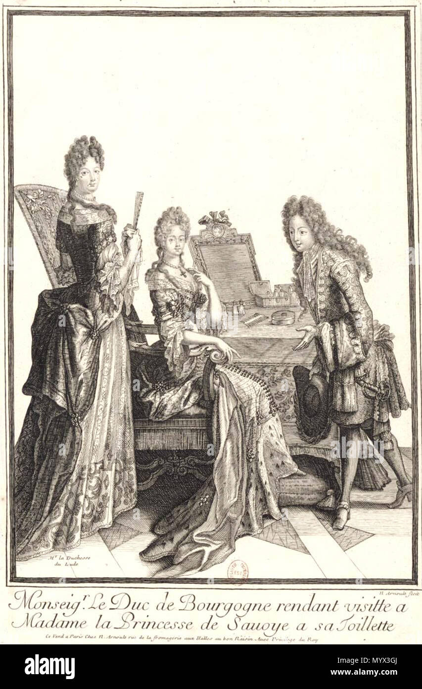 . Sujet : Marie-Adélaïde de Savoie (duchesse de Bourgogne ; 1685-1712) et Louis (dauphin de France ; 1682-1712) . Français : Monseigeur le Duc De Bourgogne rendant visite à Madame la princesse de Savoie à sa toilette 380 Arnoult Nicolas-Monseigeur le Duc De Bourgogne btv1B84072799 Foto Stock