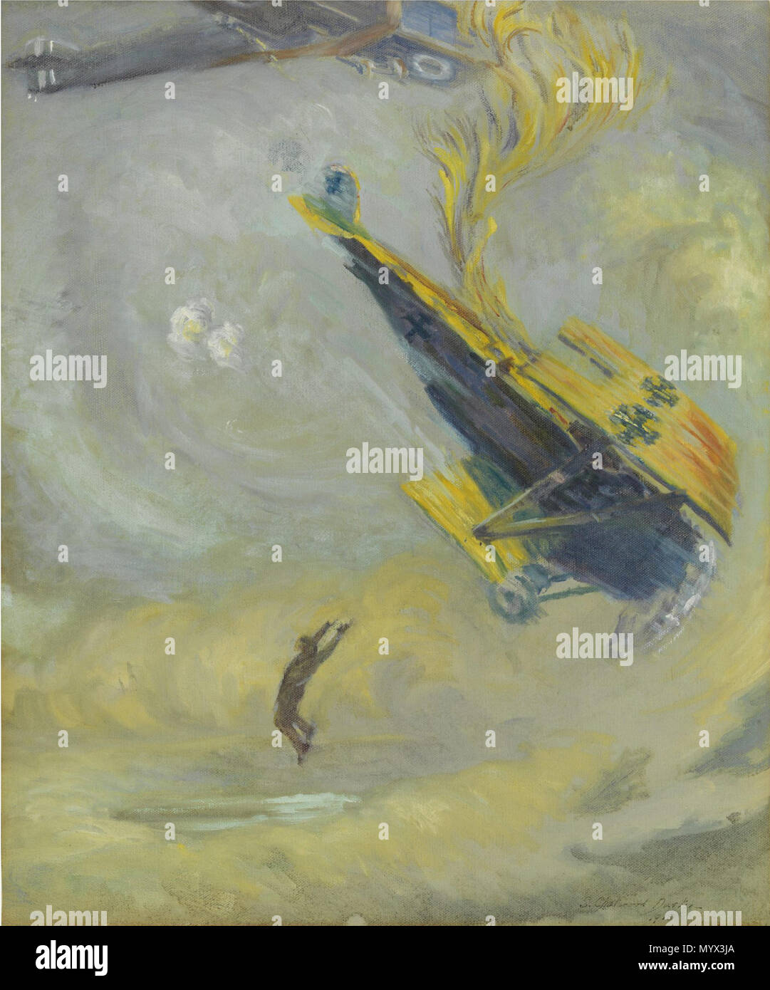 . Inglese: il pilota tedesco in questo dipinto balza fuori dal suo ardente aerei per evitare la morte per mezzo del fuoco. Ma noi sappiamo che egli non potrà sopravvivere alla caduta, in quanto i piloti non sono stati emessi i paracaduti. In precedenza, il britannico vincitore di questa duelli aerei continua. Dipinto da un artista S. Chatwood Burton, questo lavoro apparteneva al tenente, più tardi Air Vice Marshal, Clifford McEwen. . La caduta . 1918 3 Samuele Chatwood Burton = la caduta CWM 19850327-024 Foto Stock