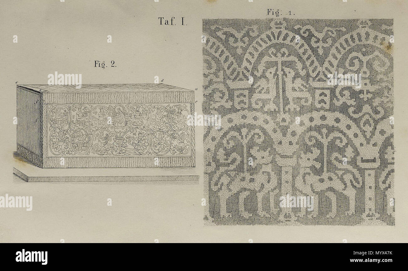 . Inglese: la figura 1 è una sezione di un 10esimo secolo(?) altare panno con figure di Leopardi(?) sotto gli archi, ri-utilizzati per avvolgere le reliquie di San Servatius e altri santi nel santuario Noodkist a Maastricht, Paesi Bassi. Figura 2: un altare medievale vestito con altare panni. La praetexta (anteriore panno) dall'inizio del XVI secolo è stata al momento (1871) ancora utilizzato in una cappella del Duomo di Colonia. Illustrazioni di Franz Bock del 1871 Geschichte der liturgischen Gewänder des Mittelalters: oder Entstehung und Entwicklung der kirchlichen ornato und Paramente in Rücksicht auf Stoff, Gewebe, Fa Foto Stock