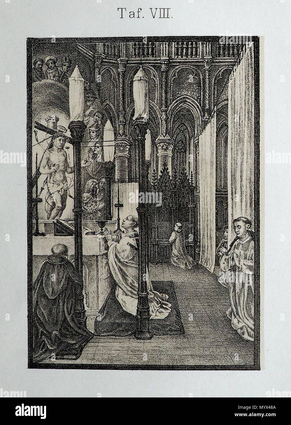 . Inglese: Illuminazione della santa Messa che si celebra in un medievale il presbiterio con altare di tende che circonda l'altare principale e statue coperto con teli (al momento, nel 1871, di proprietà dell'archeologo belga e collezionista Joseph Gielen). Illustrazione in Franz Bock del 1871 Geschichte der liturgischen Gewänder des Mittelalters: oder Entstehung und Entwicklung der kirchlichen ornato und Paramente in Rücksicht auf Stoff, Gewebe, Farbe, Zeichnung, Schnitt und rituelle Bedeutung. Banda 3: Die Paramentik des Altares und des faccende Mittelalter im. . 1871. artista sconosciuto, prima di 1871 6 Bock1871BD3 Foto Stock