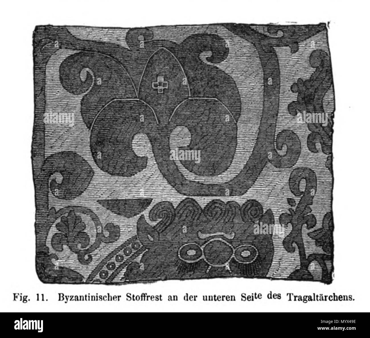 . Inglese: Xilografia illustrazione di tessuto (Bizantina?) al fondo del cosiddetto altare portatile di San Servatius (XII secolo) nel Tesoro della Basilica di San Servatius di Maastricht, Paesi Bassi. Uno dei 66 illustrazioni di Bock Willemsen's 1872 la pubblicazione sui tesori della chiesa di San Servatius e Nostra Signora, sia nel Trattato di Maastricht. . 1872. artista sconosciuto, prima di 1872 5 Bock &AMP; Willemsen, Maestricht (1872) 11 Foto Stock