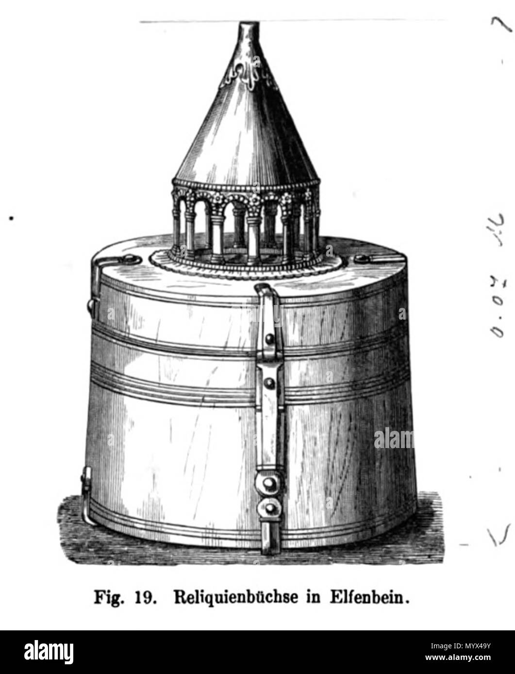 . Inglese: Xilografia illustrazione di una Pisside di avorio (XIII sec.) nel Tesoro della Basilica di San Servatius di Maastricht, Paesi Bassi. Uno dei 66 illustrazioni di Bock Willemsen's 1872 la pubblicazione sui tesori della chiesa di San Servatius e Nostra Signora, sia nel Trattato di Maastricht. . 1872. artista sconosciuto, prima di 1872 5 Bock &AMP; Willemsen, Maestricht (1872) 19 Foto Stock