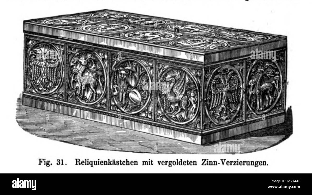 . Inglese: Xilografia illustrazione di un dorato rivestiti di stagno reliquiario in legno scrigno (14th/XV c.) nel Tesoro della Basilica di San Servatius di Maastricht, Paesi Bassi. Uno dei 66 illustrazioni di Bock Willemsen's 1872 la pubblicazione sui tesori della chiesa di San Servatius e Nostra Signora, sia nel Trattato di Maastricht. . 1872. artista sconosciuto, prima di 1872 5 Bock &AMP; Willemsen, Maestricht (1872) 31 Foto Stock