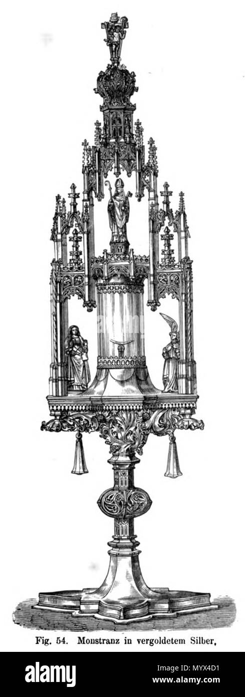 . Inglese: Xilografia illustrazione di argento dorato ostensorio (XV sec.) nel Tesoro della Basilica di San Servatius di Maastricht, Paesi Bassi. Uno dei 66 illustrazioni di Bock Willemsen's 1872 la pubblicazione sui tesori della chiesa di San Servatius e Nostra Signora, sia nel Trattato di Maastricht. . 11 dicembre 2017, 01:43:31. artista sconosciuto, prima di 1872 5 Bock &AMP; Willemsen, Maestricht (1872) 54 Foto Stock