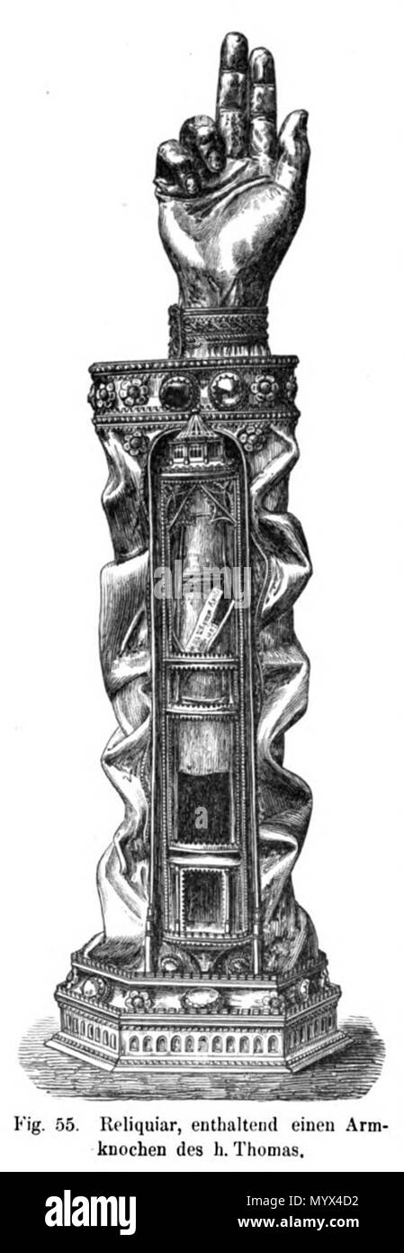 . Inglese: Xilografia illustrazione di un braccio di argento reliquiario (XIV sec.) con le reliquie di San Tommaso' braccio destro nel Tesoro della Basilica di San Servatius di Maastricht, Paesi Bassi. Uno dei 66 illustrazioni di Bock Willemsen's 1872 la pubblicazione sui tesori della chiesa di San Servatius e Nostra Signora, sia nel Trattato di Maastricht. . 11 dicembre 2017, 01:44:12. artista sconosciuto, prima di 1872 5 Bock &AMP; Willemsen, Maestricht (1872) 55 Foto Stock