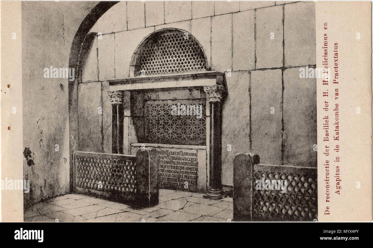 . Het graf van de heiligen Felicissimus en Agapitus in de catacombe van Praetextatus. Porta Reconstructie barone Rodolfo Kanzeler, secretaris van de Commissie voor Christelijke Archeologie a Roma. Op 2 juli 1912 werd in Valkenburg een replica op ware grootte van deze reconstructie geopend. Il barone Kanzler è stata bij deze apertura aanwezig. Afkomstig uit een briefkaartenboekje. . De reconstructie van het graf van de heiligen Felicissimus en Agapitus in de catacombe van Praetextatus . Tra il 1895 e il 1940 85 Cartolina De reconstructie der Basiliek der H. H. Felicissimus en Agapitus in de Katakombe van Foto Stock