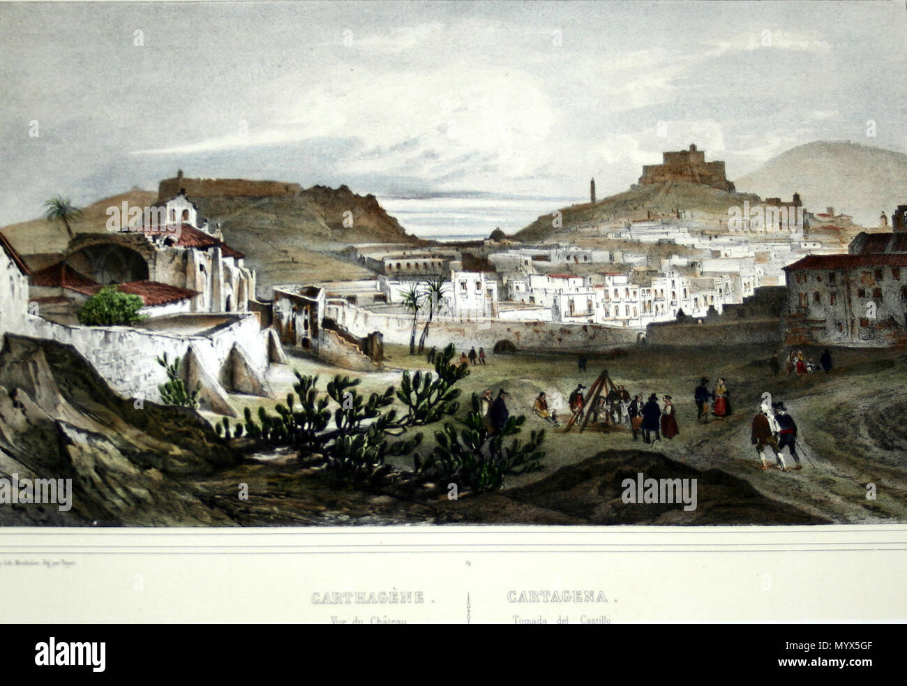 . Inglese: Vista della città spagnola di Cartagena in una incisione 1844 dall'artista Nicolas Chapuy. Concezione castello appare a destra a coronamento di scena, mentre il castello di Despeñaperros è visibile a sinistra. Español: Vista de la ciudad española de Cartagena en onu de Grabado 1844, obra del artista Nicolas Chapuy. El Castillo de la Concepción aparece coronando la escena a la derecha, mientras que a la izquierda se aprecia el Castillo de Despeñaperros. . 1844. Nicolas-Marie-Joseph Chapuy (1790-1858) nomi alternativi Nicolas Marie Joseph Chapuy francese Descrizione disegnatore litografo, Foto Stock