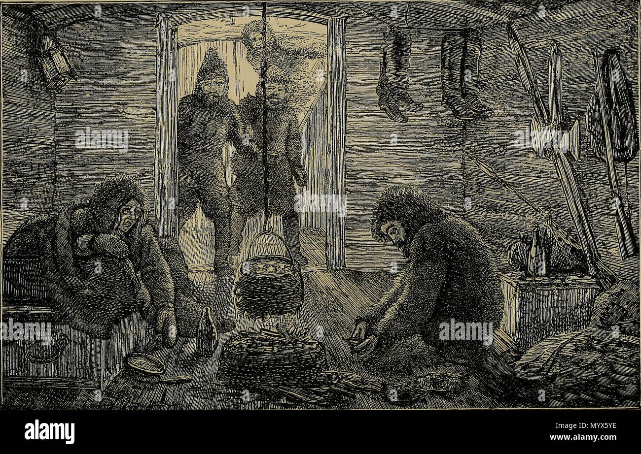 . Inglese: una illustrazione per la storia " congelati a morte' dal mondo dell'acqua, Chicago, 1884. "Entrando nella cabina principale, il primo oggetto che ha attirato la loro attenzione è stata il corpo morto di una femmina, sdraiata su un letto in un atteggiamento di profondo interesse e attenzione. ... Seduto sul pavimento era il cadavere di un apparentemente giovane uomo, tenendo un acciaio in una mano e una pietrina in altri, come se in atto di colpire il fuoco su alcuni tinder che giacciono accanto a lui." . 1884. 2 sconosciuto congelati a morte Foto Stock