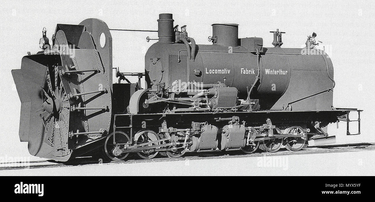 . Deutsch: Dampfſchneeſchleuder (system Leslie) G 2×3/3 Nr. 1051 oder der 1052 Bernina-Bahn, noch vor Aufſetzung des Kaſtens, gebaut 1910 bzw. Il 1912 Inn der schweizerischen Locomotiv- und zů Machines-Fabrique Winterthur (Tess.-Nr. 2149 bzw. 2299), 1943 als R n. 13 bzw. 14 von der Rhätiſchen Bahn übernommen, seit 1954 als Xrot d no. 9213 bzw. 9214 bezeichnet. . 1910 o 1912. Sconosciuto 2 G2x33BBi Foto Stock